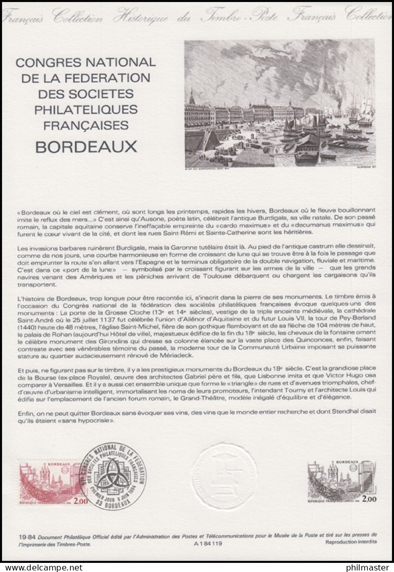 Collection Historique: Nationaler Philatelisten-Kongress Bordeaux 9.4.1984 - Briefmarkenausstellungen