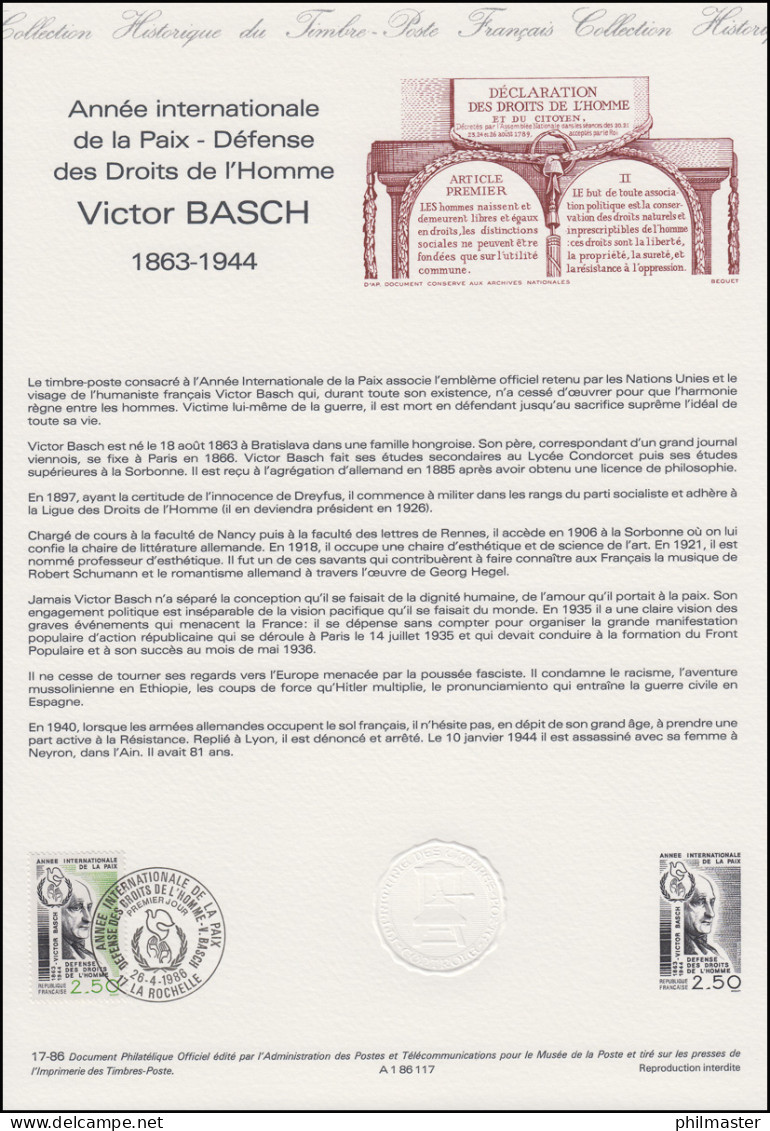 Collection Historique: Défense Des Droits De L'Homme: Victor Basch 26.4.1986 - Sonstige & Ohne Zuordnung