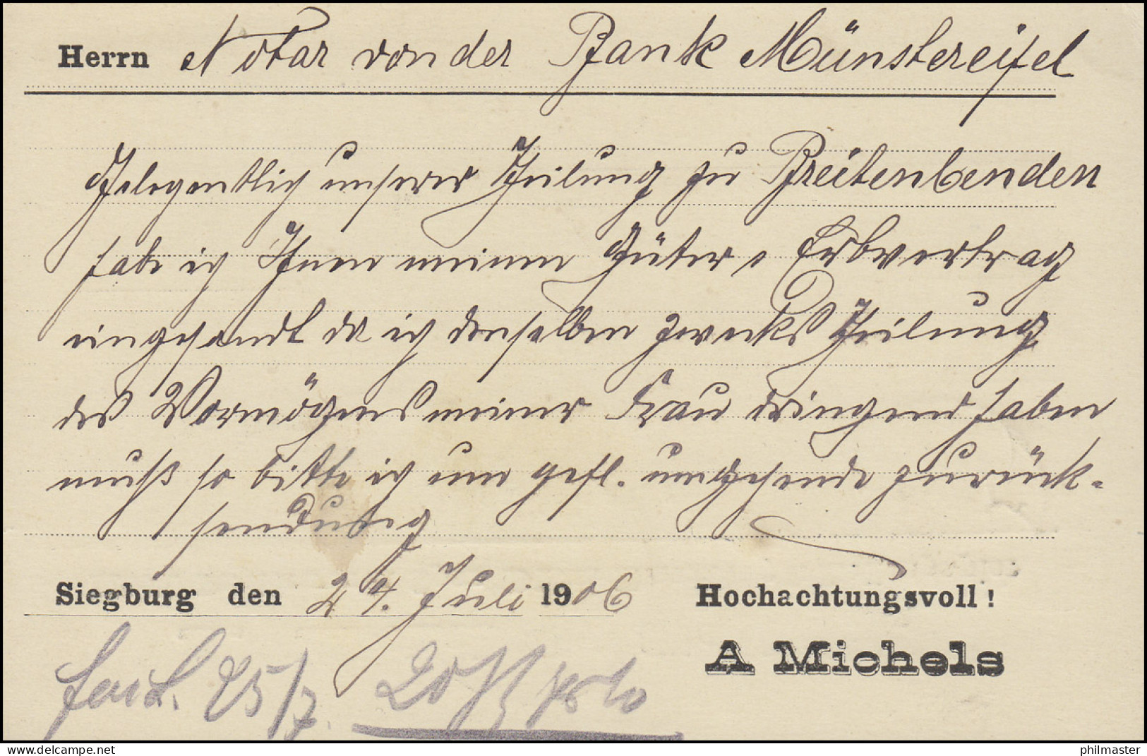 Germania 5 Pf. EF Postkarte Papierwaren Michels SIEGBURG 24.7.06 N. Münstereifel - Sonstige & Ohne Zuordnung