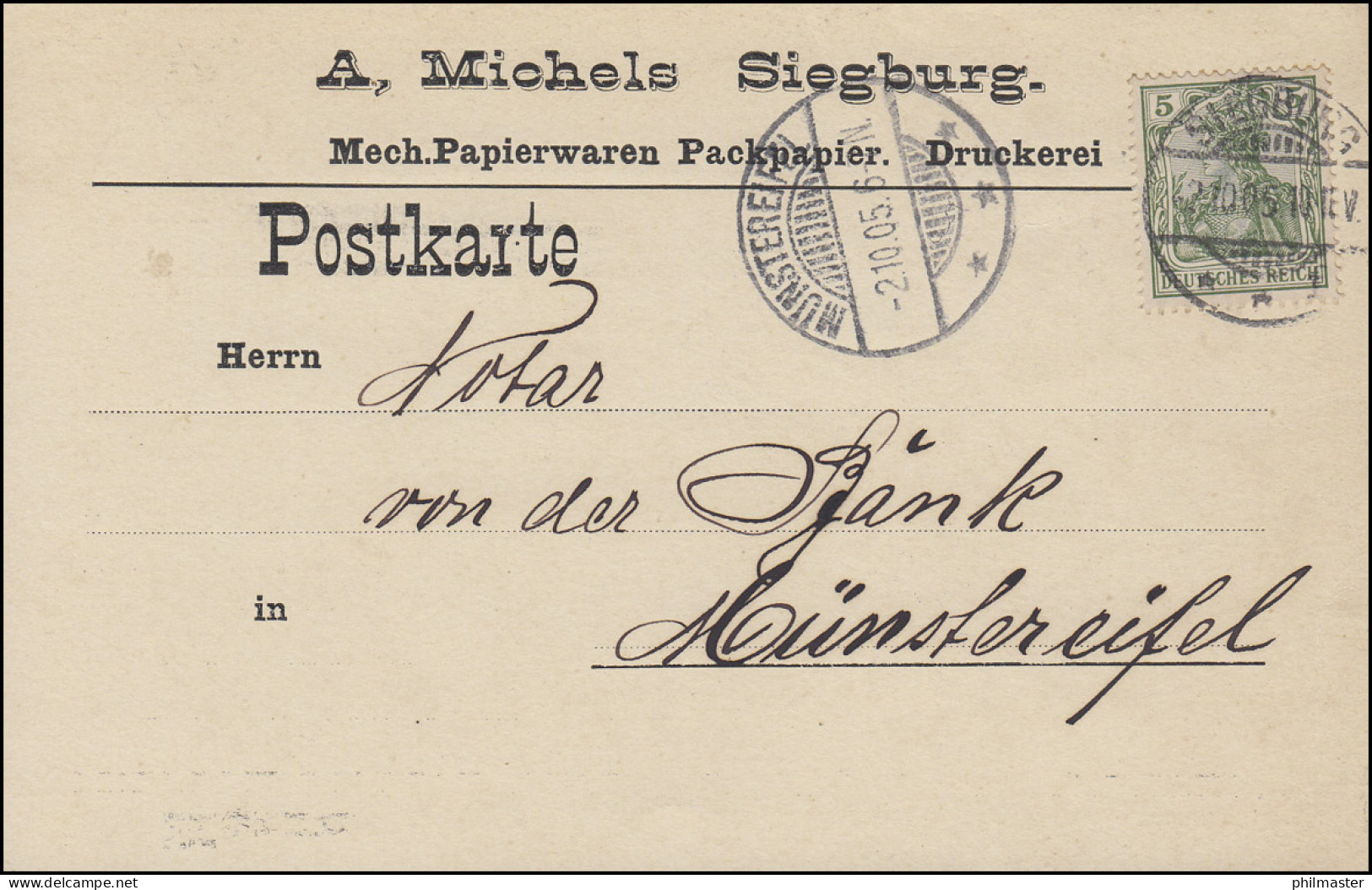 Germania 5 Pf. EF Postkarte Papierwaren Michels SIEGBURG 2.10.05 N. Münstereifel - Autres & Non Classés