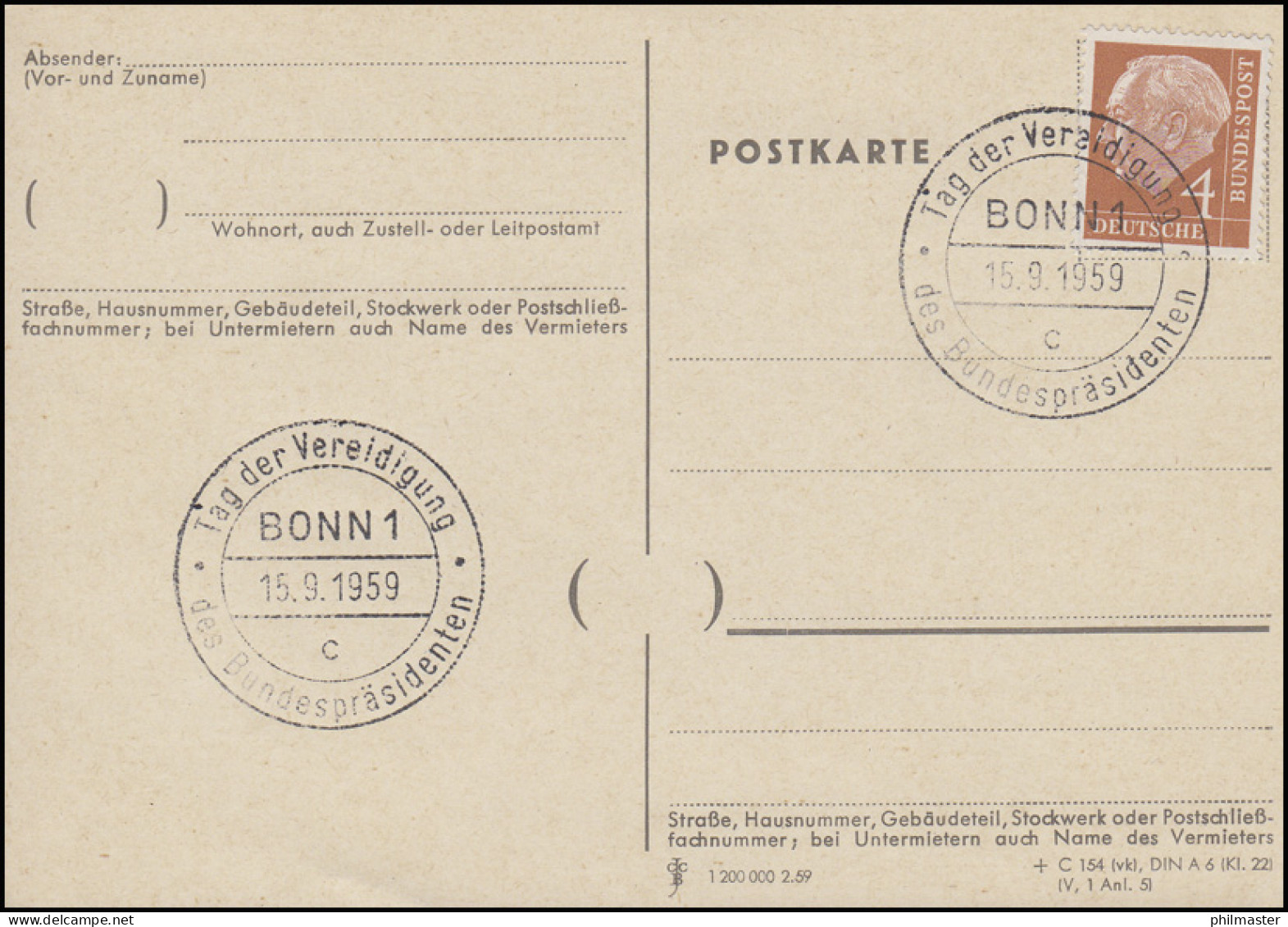 178x Heuss 4 Pf. Blanko-PK SSt Bonn Vereidigung Des Bundespräsidenten 15.9.1959 - Otros & Sin Clasificación