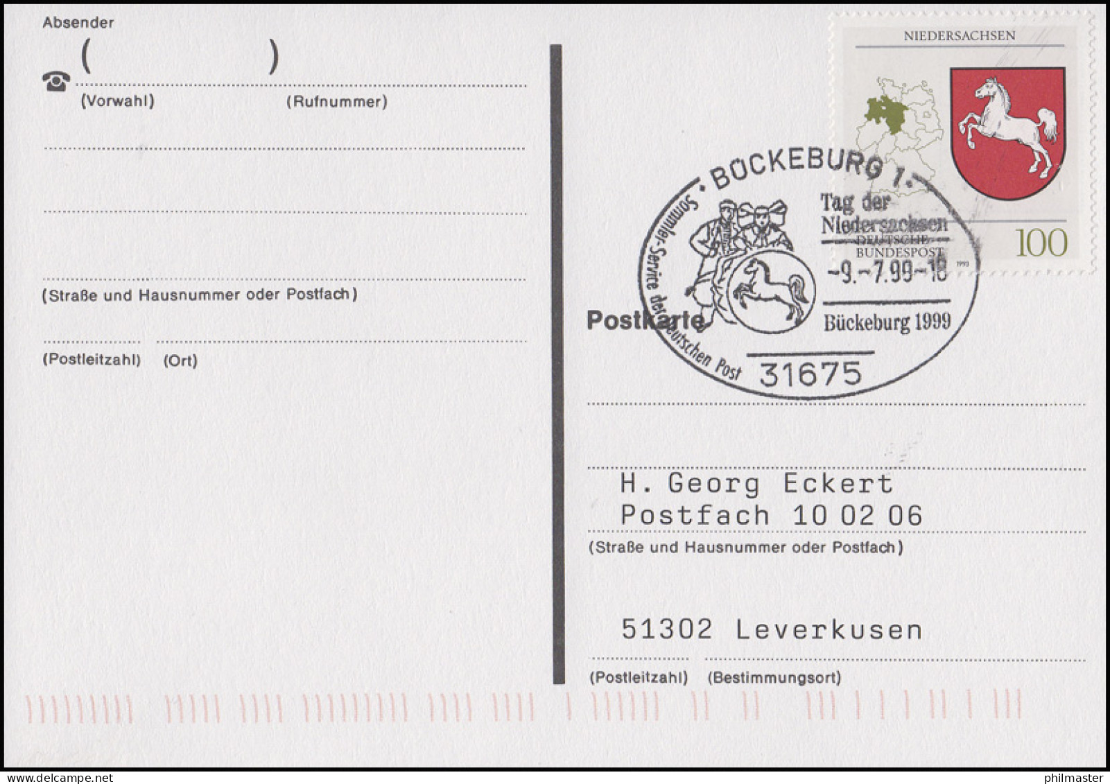 1662 Niedersachsen EF Auf Postkarte SSt Bückeburg Tag Der Niedersachsen 9.7.1999 - Sonstige & Ohne Zuordnung
