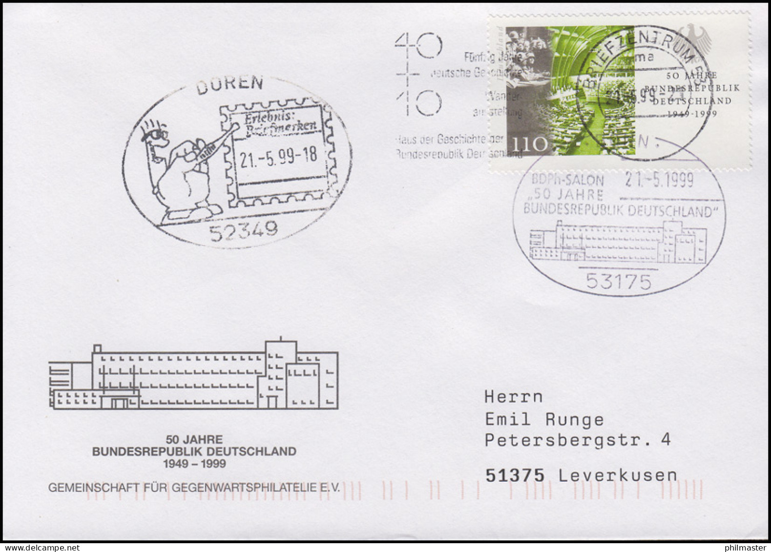 2054 Bund & Zusammenarbeit, EF FDC ESSt Bonn & ESSt Düren Und BZ 53 - 21.5.1999 - Zonder Classificatie