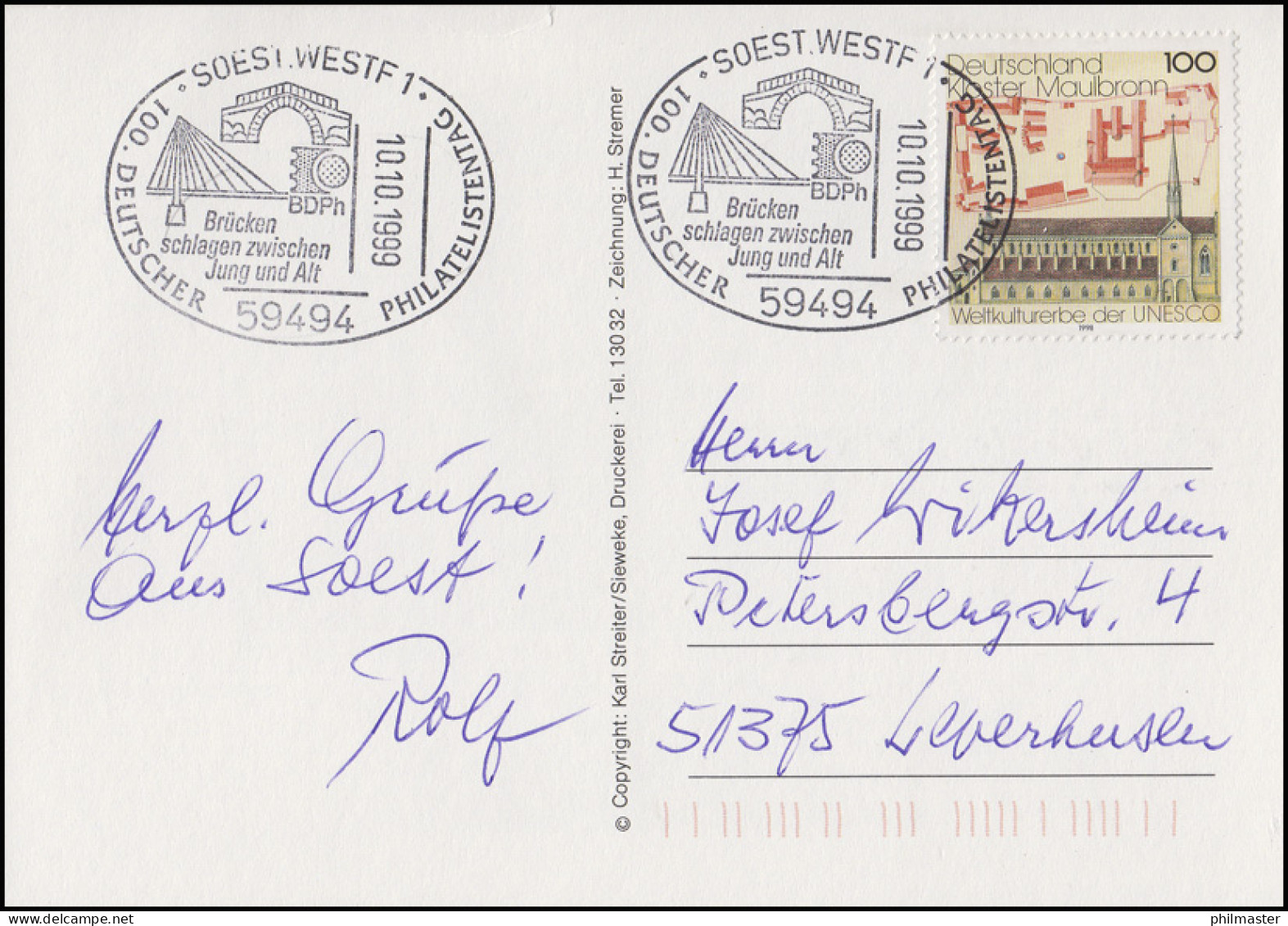 1966 Kloster Maulbronn EF AK Fußgängerzone SSt Soest Philatelistentag 10.10.1999 - Briefmarkenausstellungen