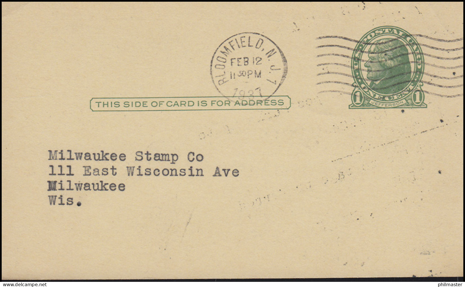 USA Ganzsache Postkarte 1 Cent Jefferson BLOOMFIELD N.J. 12.2.1937 N. Milwaukee - Sonstige & Ohne Zuordnung