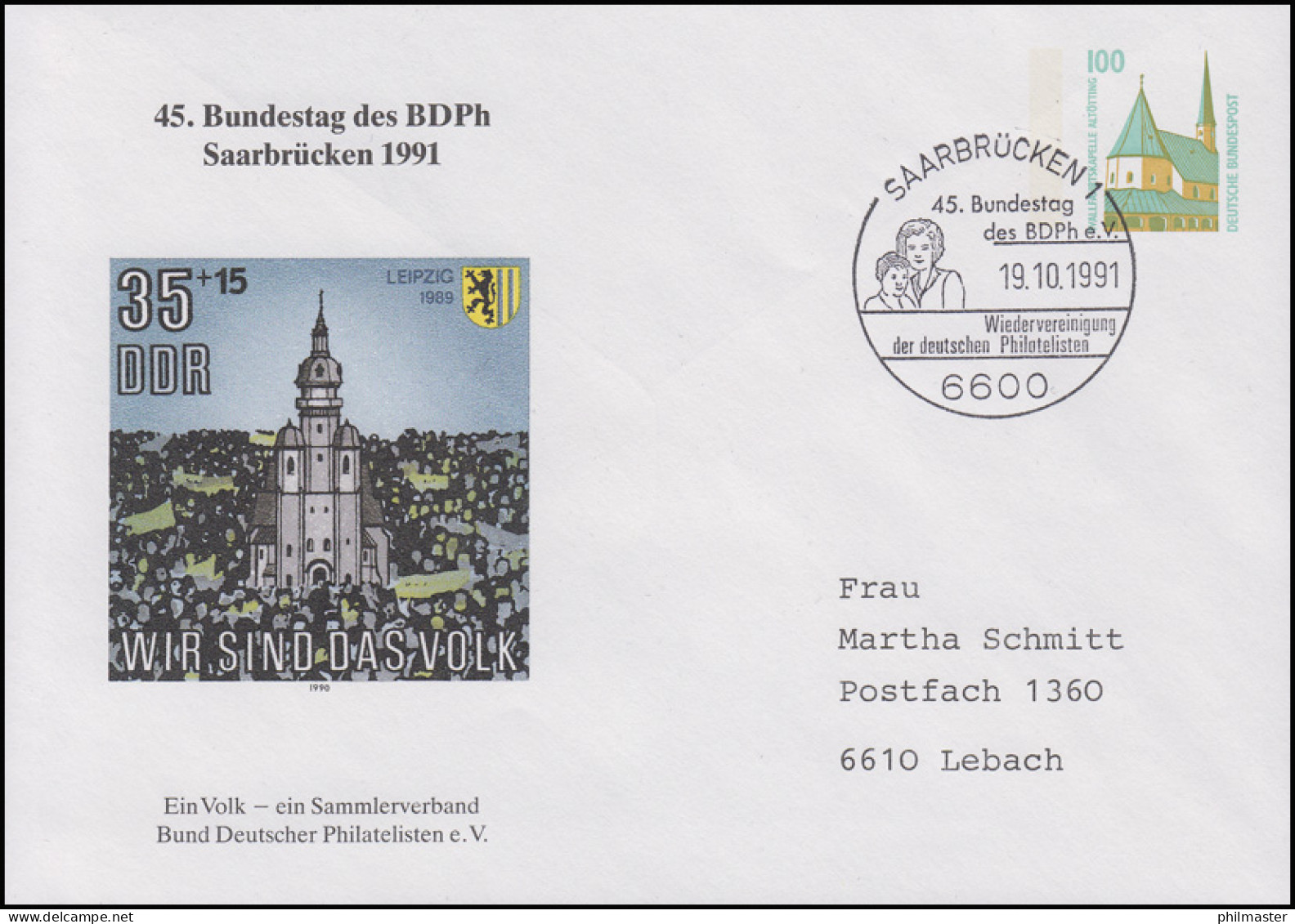 Privat-Umschlag Ein Volk - Ein Sammlerverband SSt Saarbrücken Bundestag 19.10.91 - Unclassified