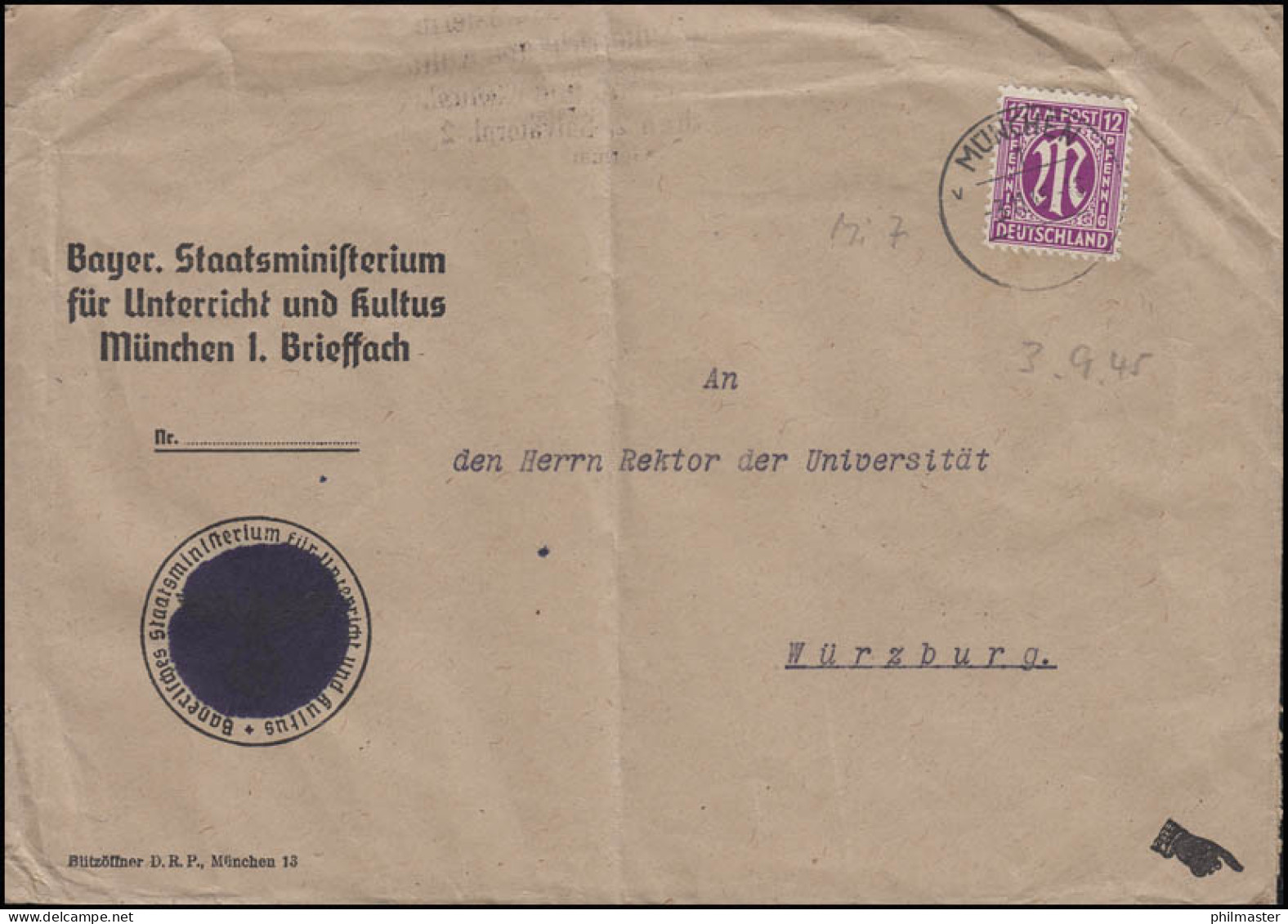 Bizone 7 AM-Post 12 Pf. EF Bf Ministerium Unterricht Und Kultus MÜNCHEN 3.11.45 - Sonstige & Ohne Zuordnung