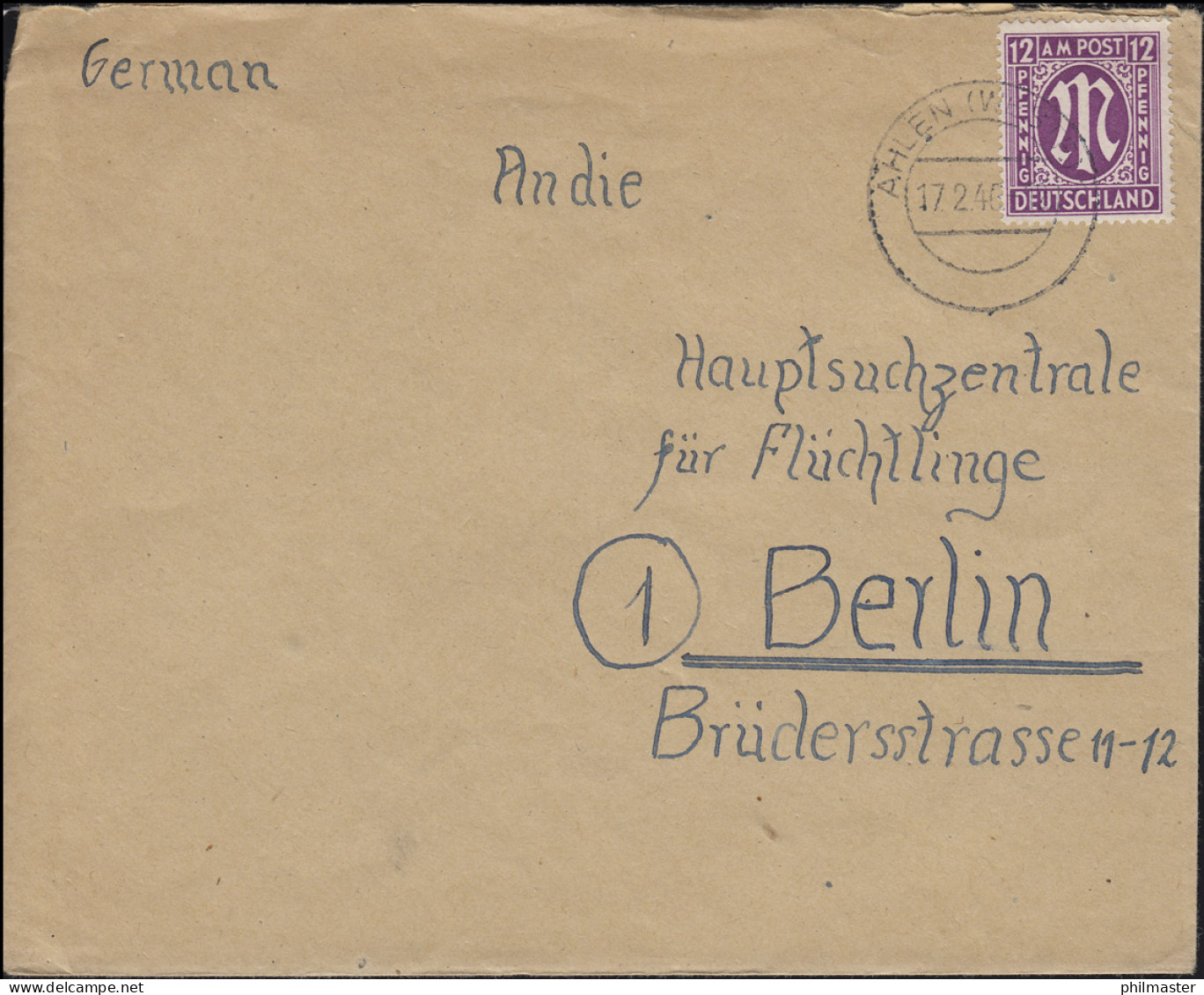 7 AM-Post 12 Pf EF Brief AHLEN 17.2.46 Nach Berlin Hauptsuchzentrale Flüchtlinge - Unclassified