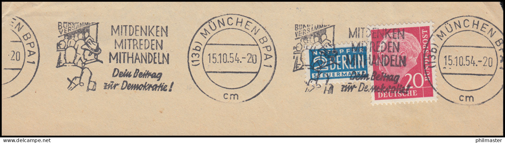 Werbestempel: Mitdenken, Mitreden, Mithandeln MÜNCHEN 15.10.1954 Auf Briefstück - Other & Unclassified