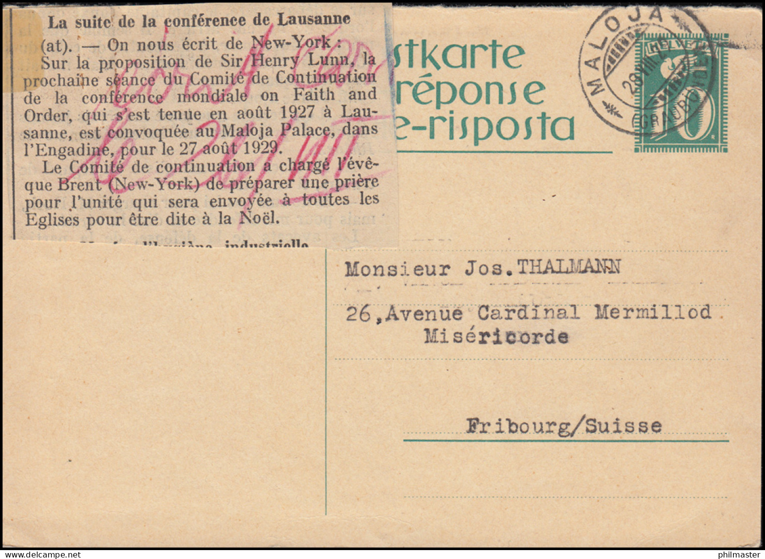 Antwortkarte Wertangabe Mit Taube 10 C. MALOJA (GRAUBÜNDEN) 28.8.1929 - Autres & Non Classés