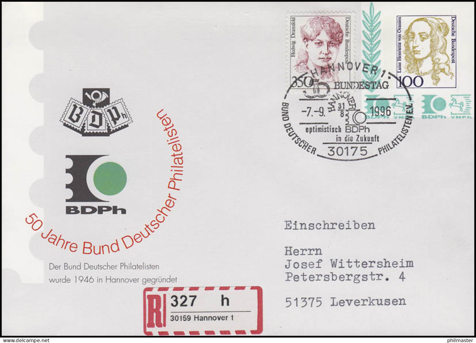 Privat-Umschlag 50 Jahre BDPh R-Brief SSt Hannover Bundestag 7.9.1996 - Filatelistische Tentoonstellingen