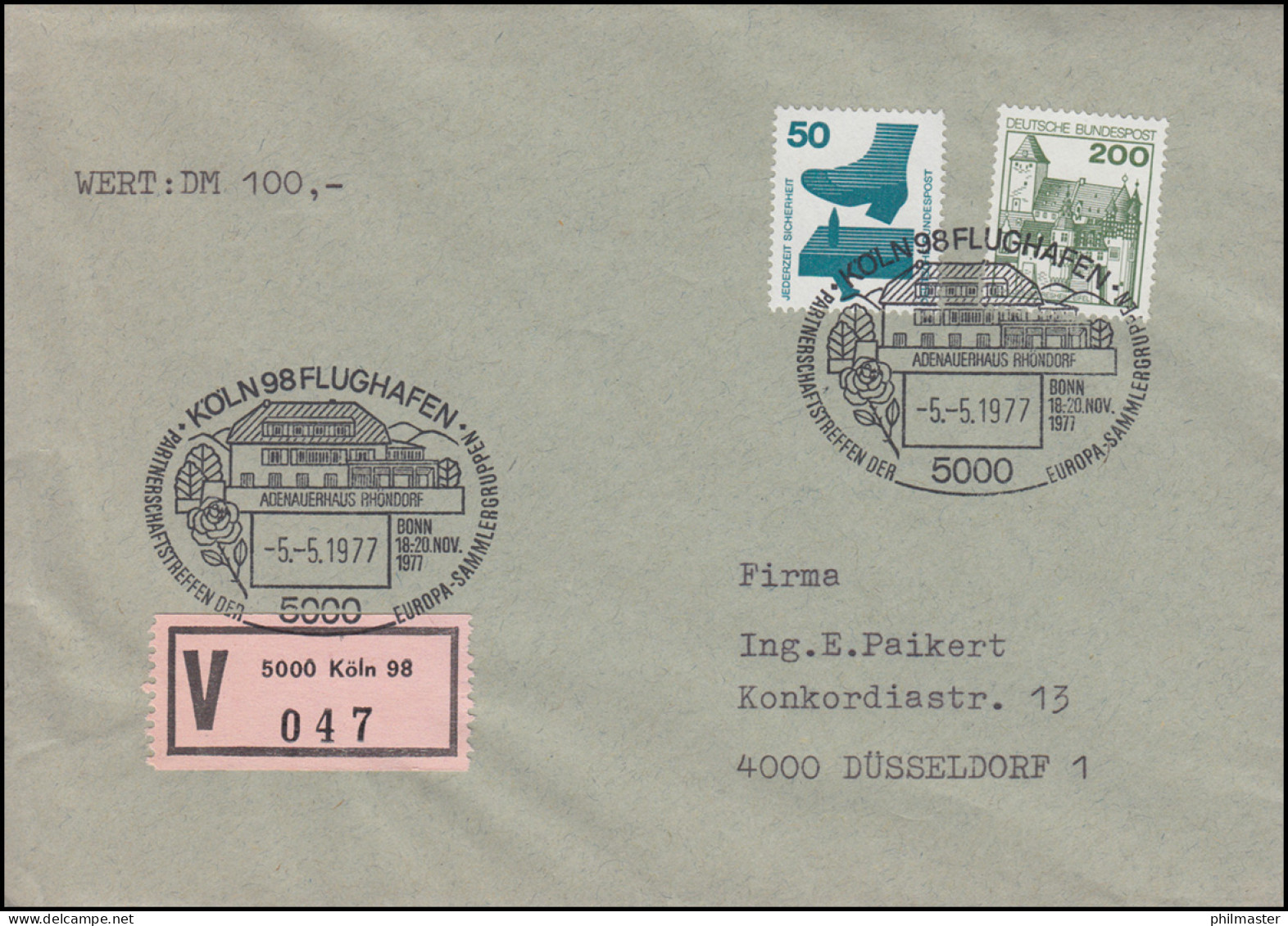 700A+920A Unfall & BuS Wertbrief SSt Köln Adenauerhaus 5.5.1977 N. Düsseldorf - Philatelic Exhibitions