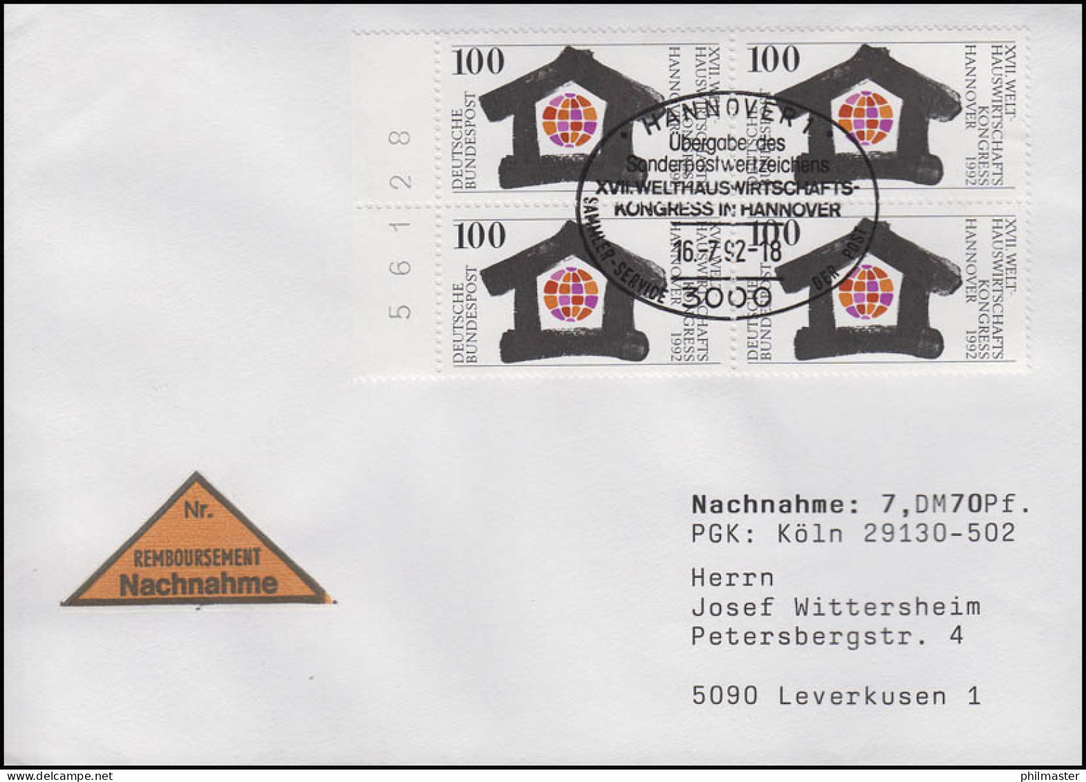 1620 Welthauswirtschaftskongreß Vbl. Mit BRZ MeF NN-FDC ESSt Hannover 16.7.92 - Sonstige & Ohne Zuordnung