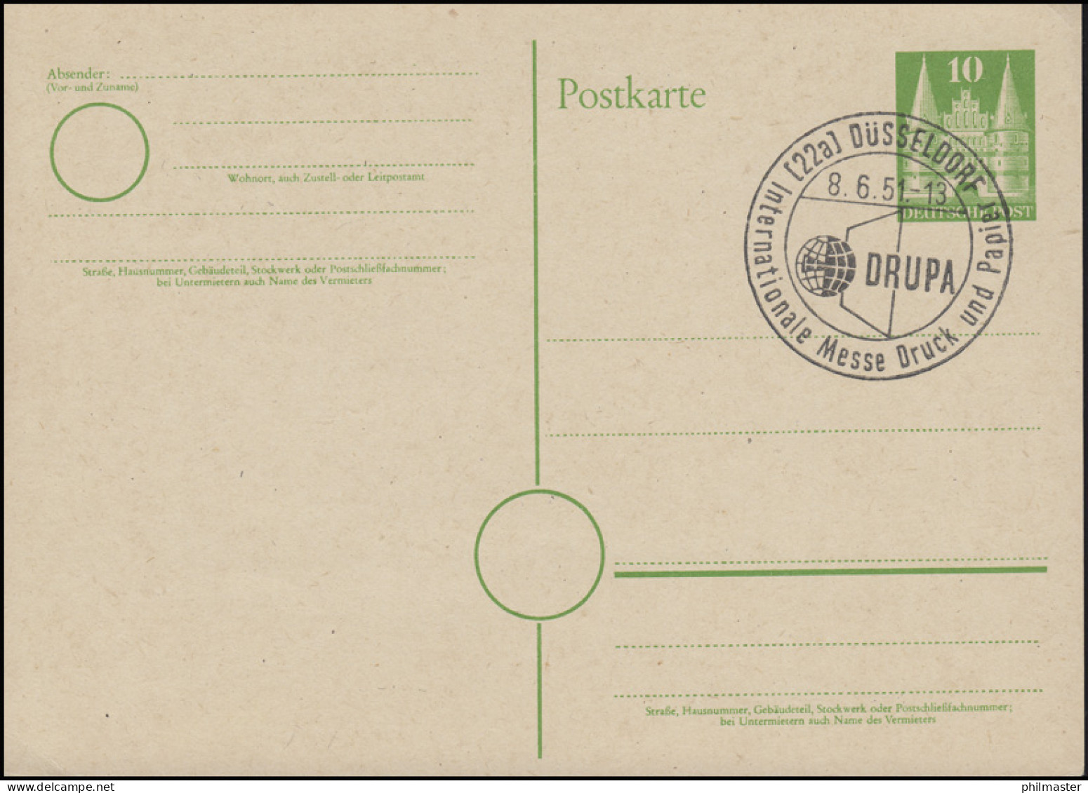 Postkarte P 7 Holstentor 10 Pf Blanko-Postkarte Mit SSt DÜSSELDORF DRUPA 8.6.51 - Sonstige & Ohne Zuordnung