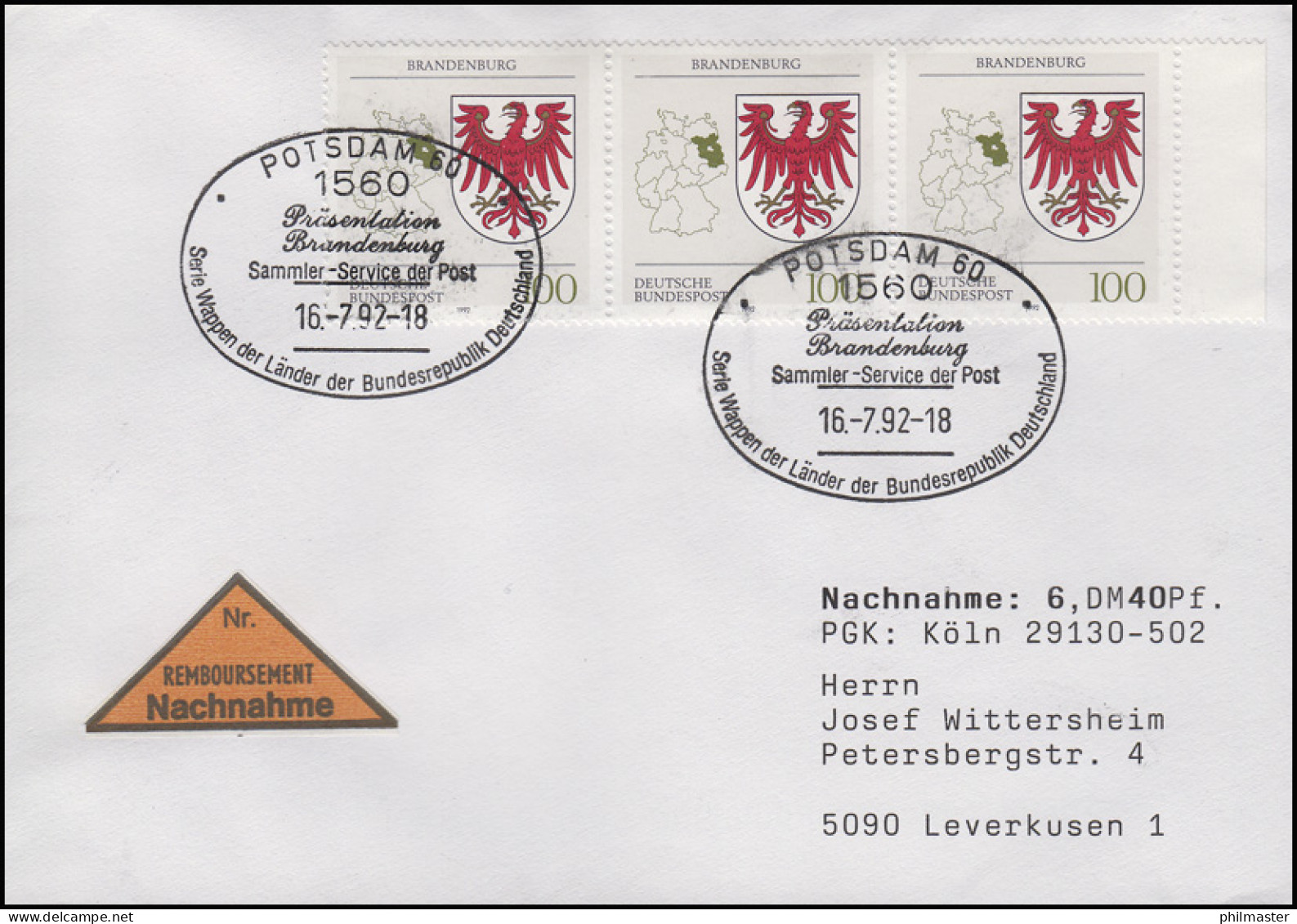 1589 Brandenburg, MeF NN-FDC ESSt Bonn Wappen Der Länder 16.7.1992 - Sonstige & Ohne Zuordnung