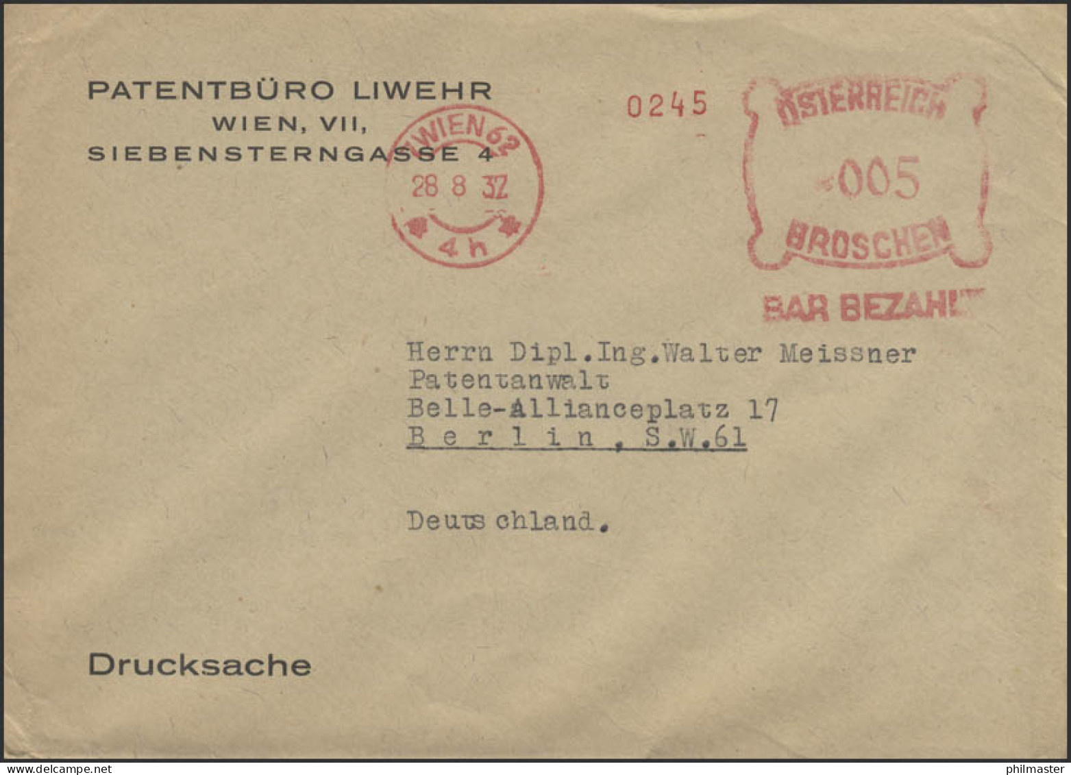 Österreich Barfreistempel Drucksache Patentbüro Wien 28.8.32 Nach Berlin - Automaatzegels [ATM]