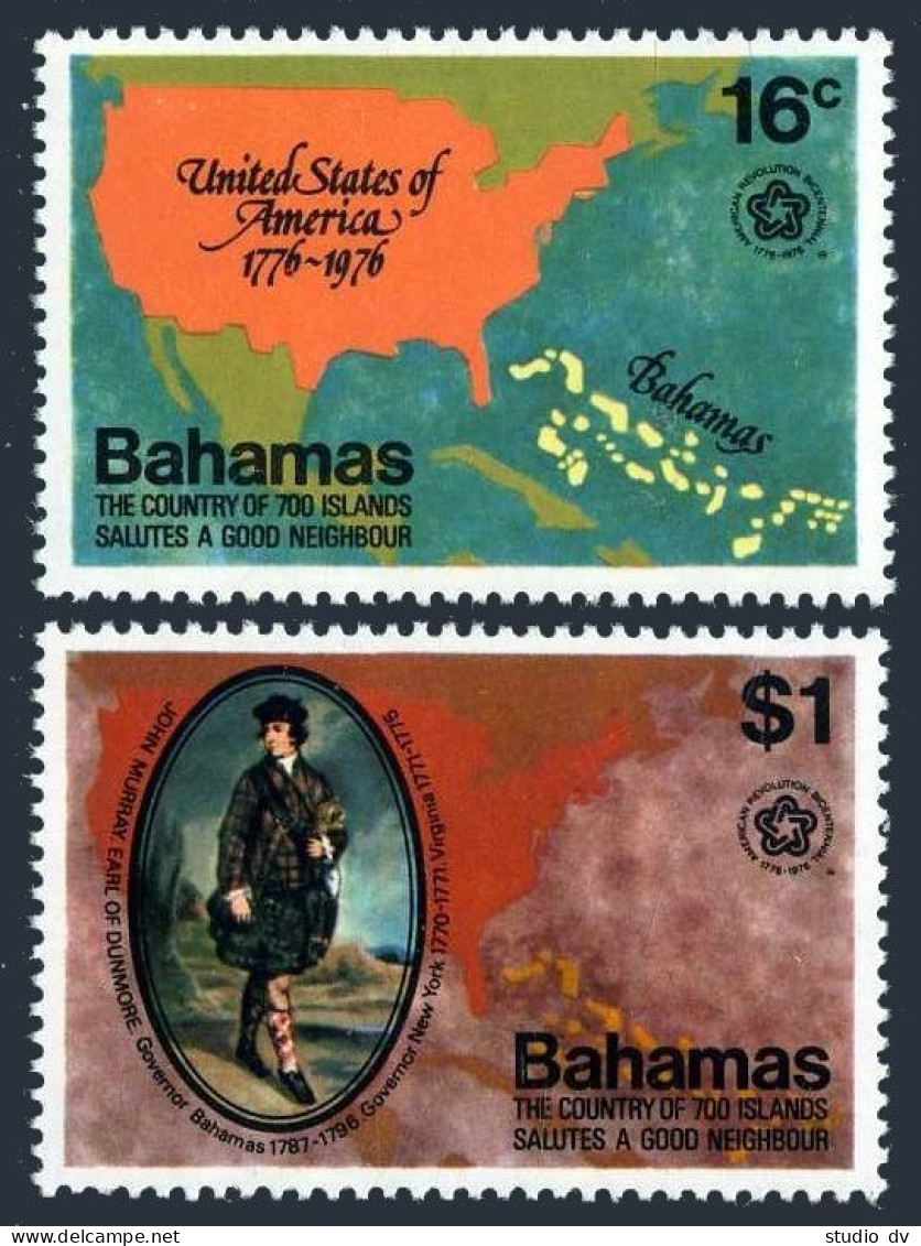 Bahamas 392-393,393a,hinged. Mi 396-397,Bl.16. USA-200.Map, Governor John Murray - Bahamas (1973-...)