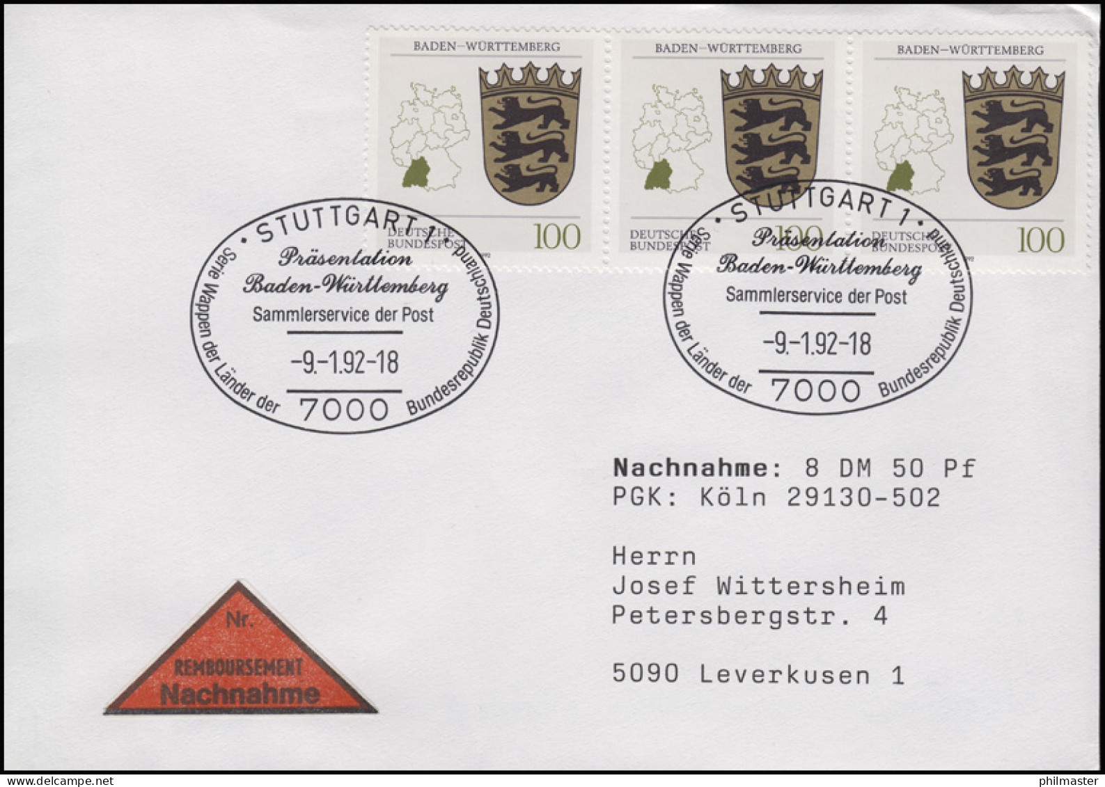 1586 Baden-Württemberg, MeF NN-FDC ESSt Stuttgart Markenpräsentation 9.2.1992 - Andere & Zonder Classificatie