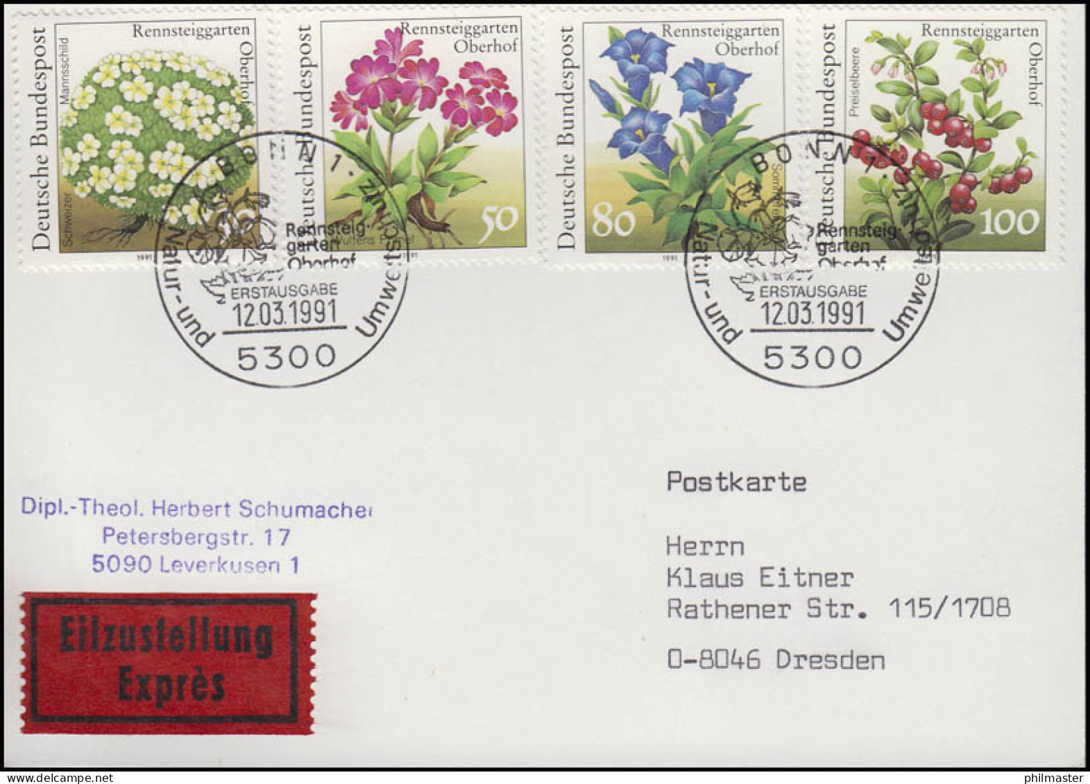 1505-1509 Rennsteiggarten, 4 Werte Eil-FDC-Postkarte ESSt Bonn 12.3.1991 - Sonstige & Ohne Zuordnung