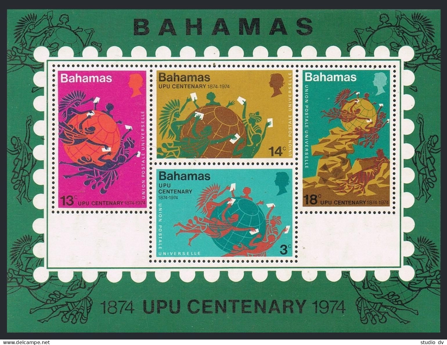 Bahamas 361a Sheet,MNH.Michel Bl.10. UPU-100,1974.Emblem,UPU Monument. - Bahamas (1973-...)
