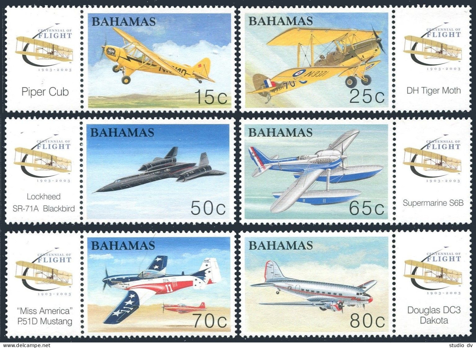 Bahamas 1080-1085-label, MNH. Powered Flight, Centenary, 2003. Planes. - Bahamas (1973-...)