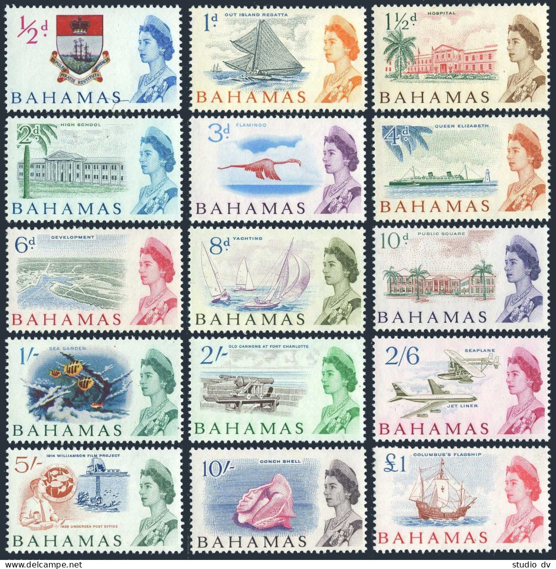 Bahamas 204-218,hinged.1965.Badge,Out Island Regatta.Ship,Yacht,Shell,Fort,Plane - Bahama's (1973-...)