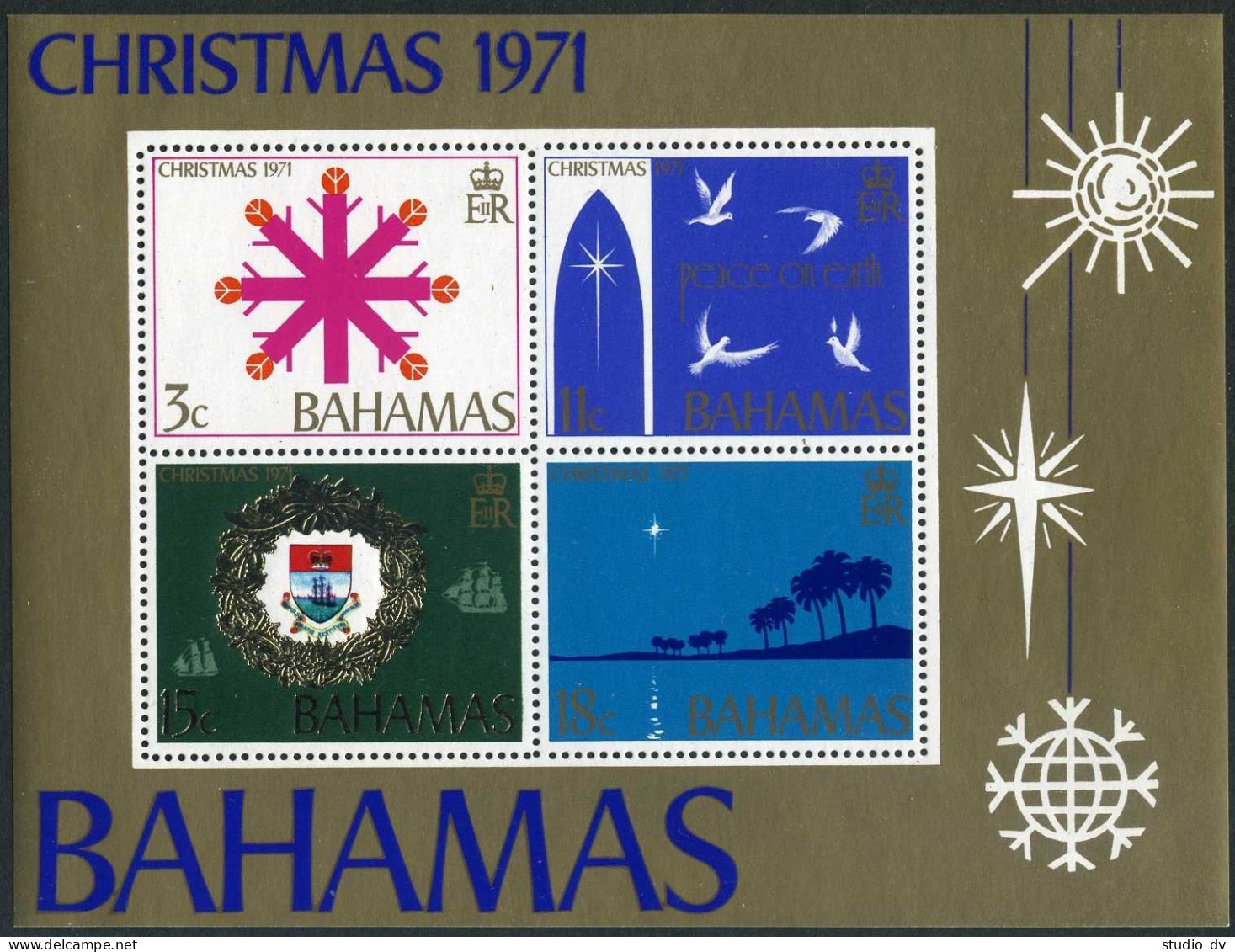 Bahamas 334a, MNH. Michel Bl.6. Christmas 1971. Snowflake, Doves, Palms. - Bahamas (1973-...)