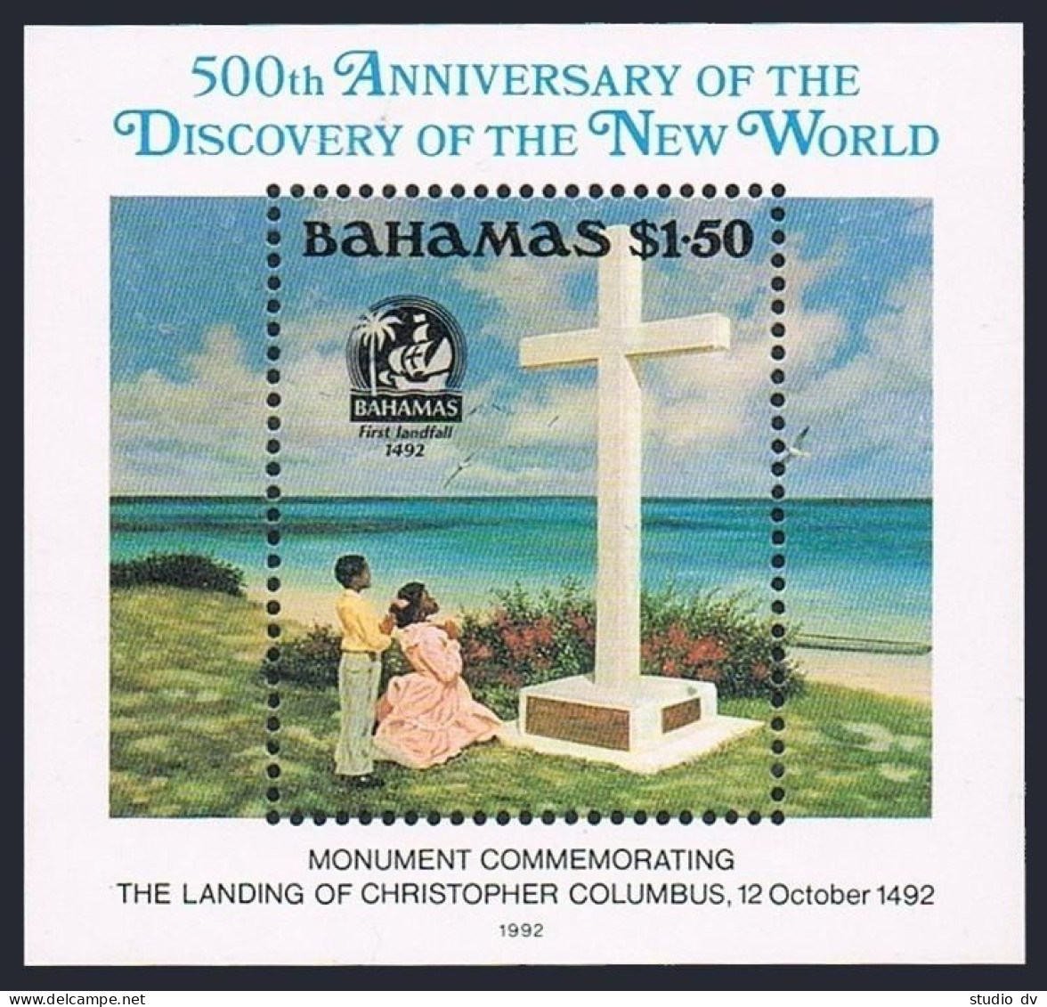Bahamas 753, MNH. Michel Bl.66. Discovery Of America-500. Monument. 1992. - Bahamas (1973-...)