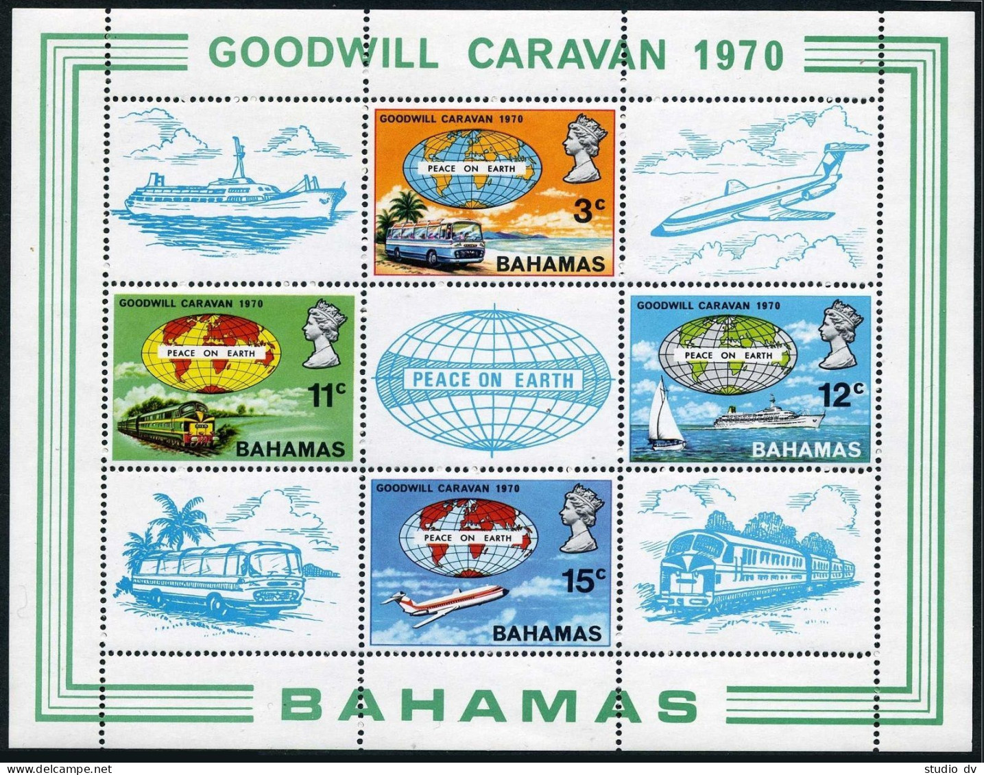 Bahamas 306a,MNH. Michel Bl.2. Goodwill Caravan 1970.Bus,Train,Ship,Plane,Globe. - Bahama's (1973-...)