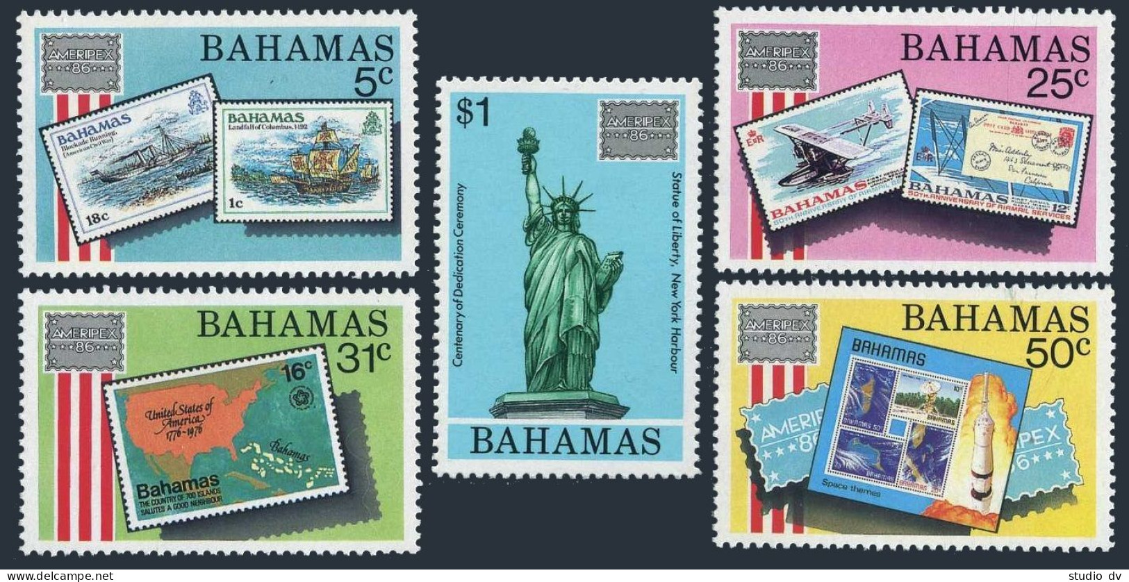 Bahamas 597-601,601a, MNH. AMERIPEX-1986.Statue Of Liberty.Ship,Plane,Space,Map. - Bahamas (1973-...)