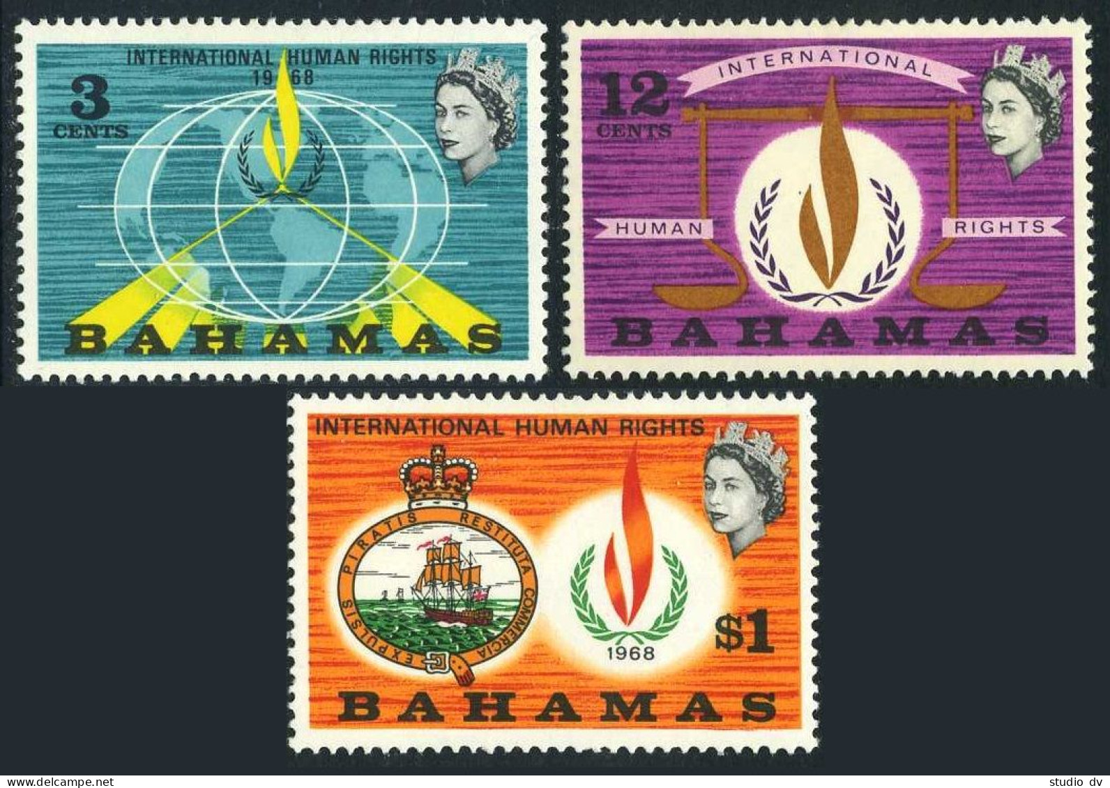 Bahamas 269-271,hinged.Mi 274-276. Human Rights Year IHRY-1968.Flame,Scales,Seal - Bahama's (1973-...)