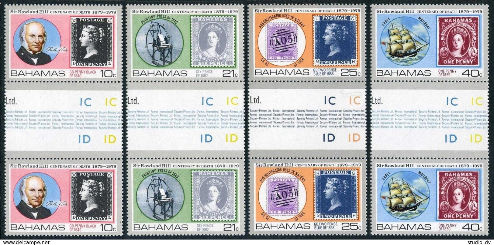 Bahamas 450-453 Gutter, MNH. Michel 440-443. Sir Rowland Hill-100, 1979. Ship, - Bahamas (1973-...)