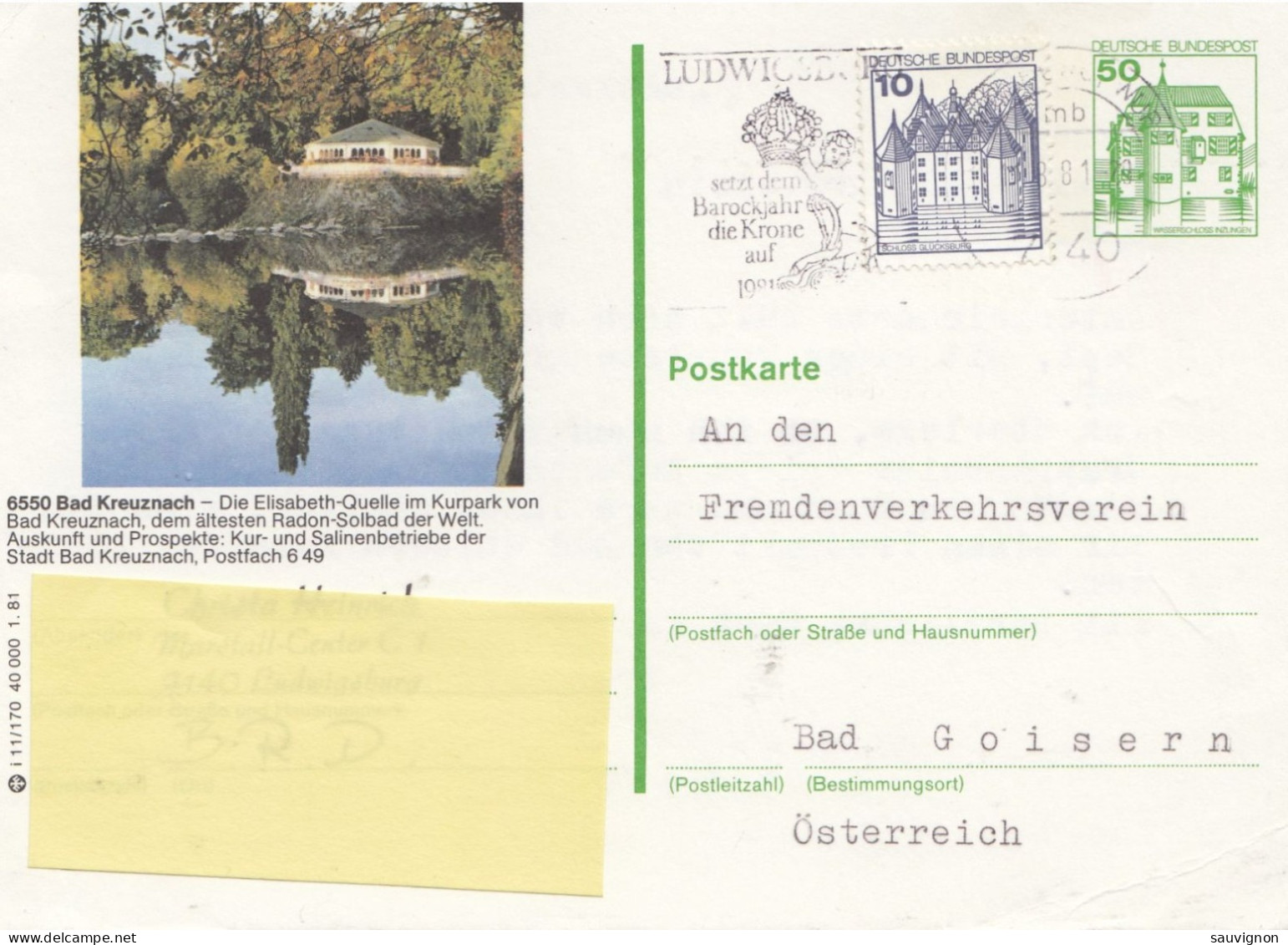 Deutschland. Bildpostkarte 6550 BAD KREUZNACH - Elisabeth-Quelle, Wertstempel 50 Pfg. Burgen Und Schlösser, Serie "i" - Cartoline Illustrate - Usati