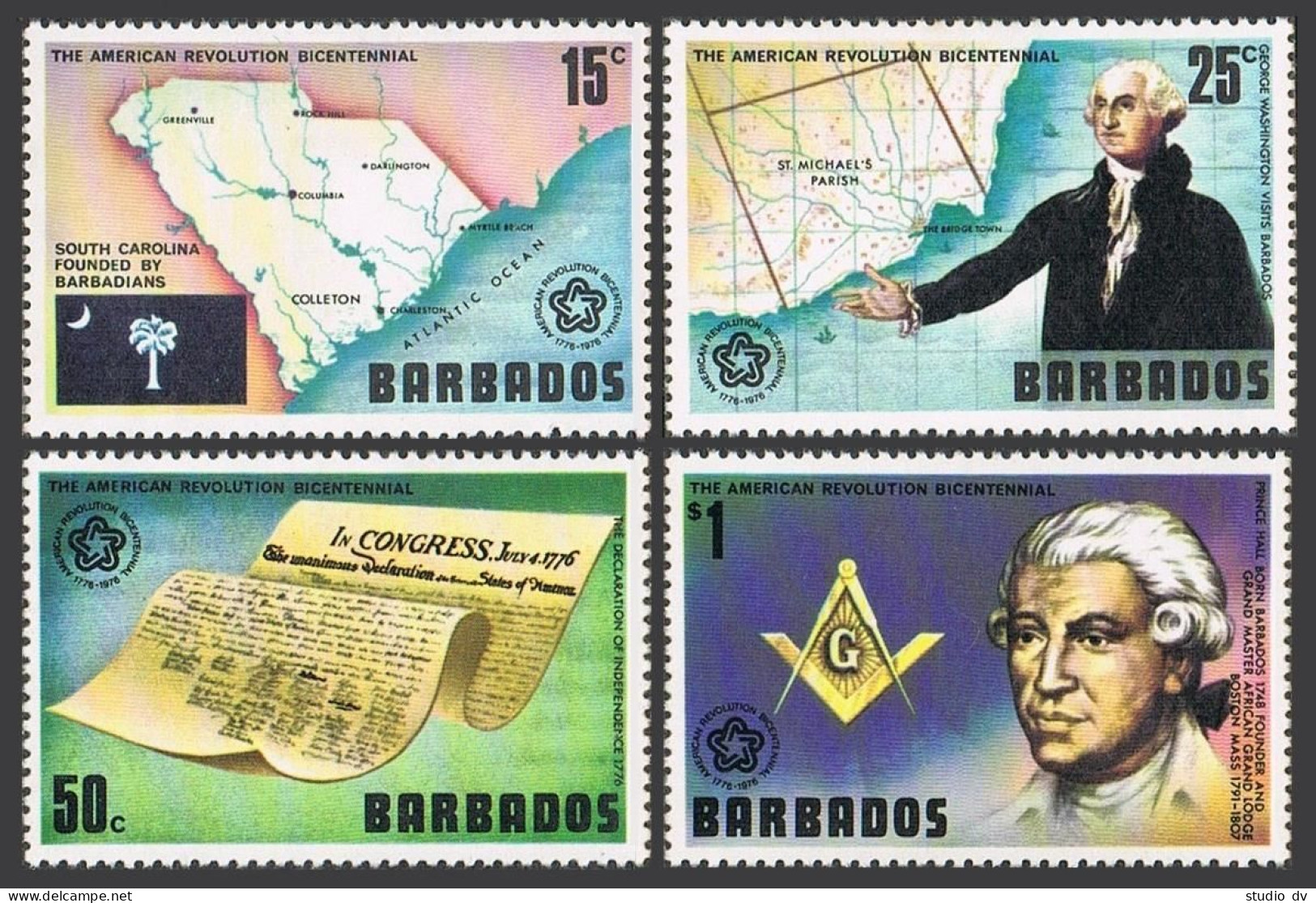 Barbados 440-443, Hinged. Mi 405-408. USA-200, 1976. George Washington, Masonic. - Barbades (1966-...)