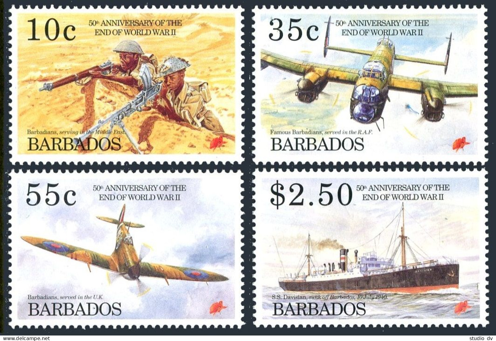 Barbados 891-894, 895, MNH. End Of World War II, 50. 1995. War Medal 1939-1945. - Barbades (1966-...)