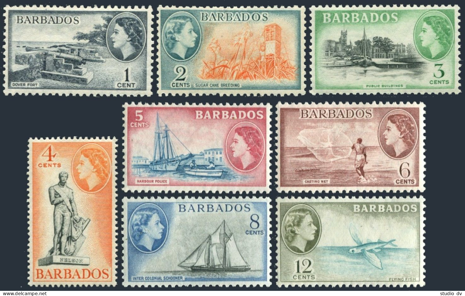 Barbados 235-242,hinged.Mi 203-210. QE II,1953.Dover Fort,Sugar Cane,Nelson,Ship - Barbades (1966-...)