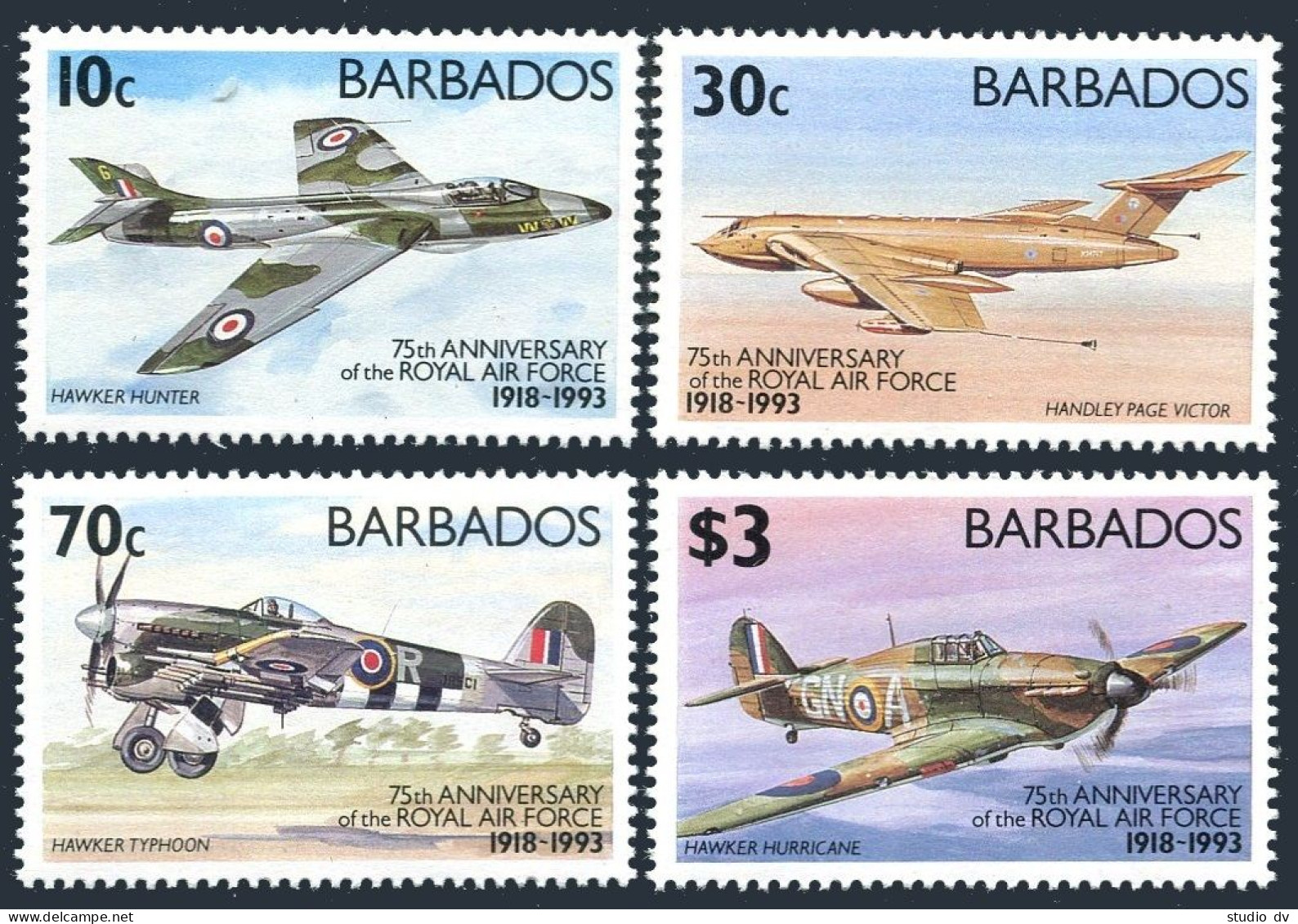 Barbados 842-845, 846 Ad Sheet,MNH. Mi 815-822. Royal Air Force, 75th Ann. 1993. - Barbades (1966-...)