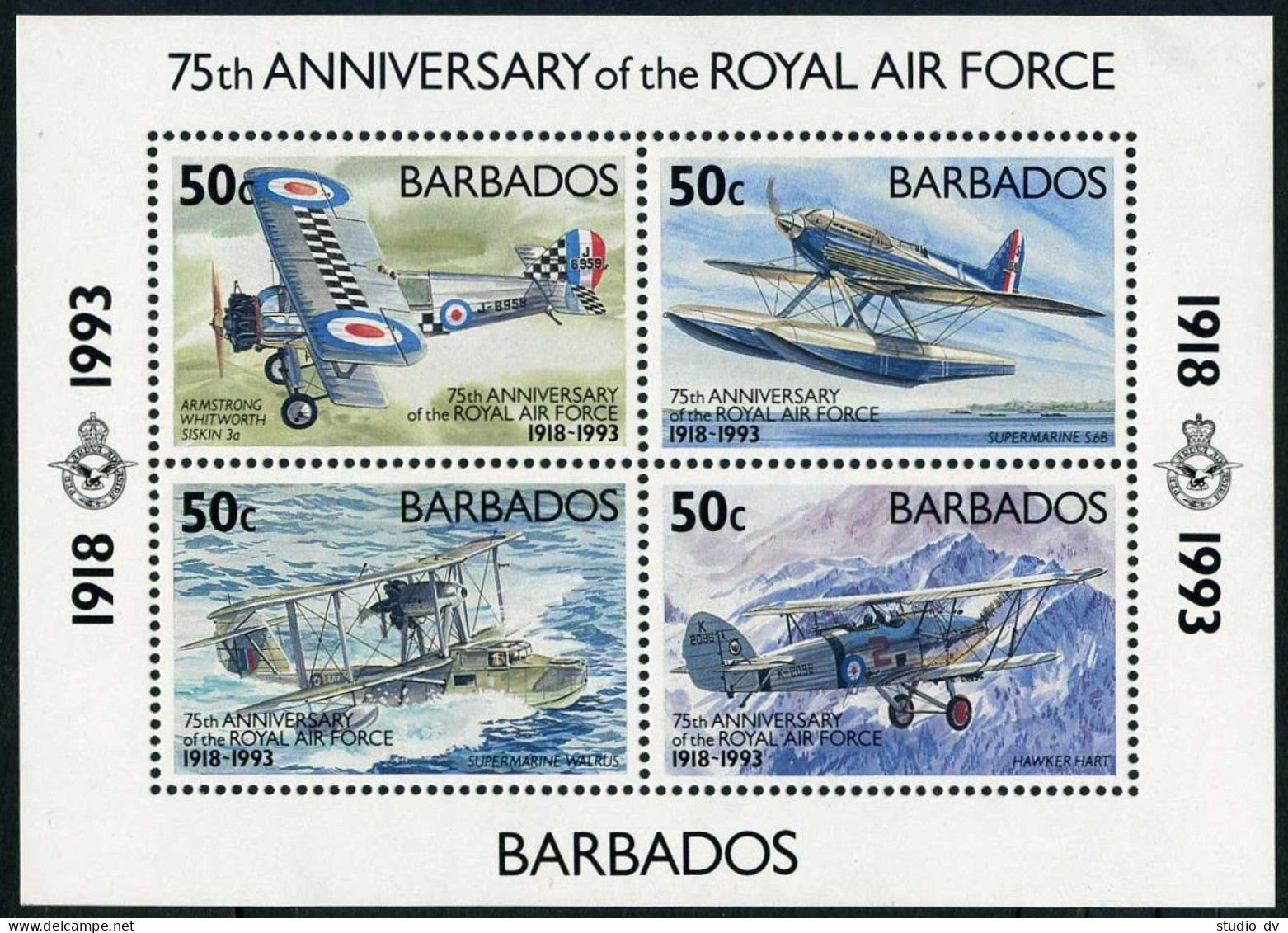 Barbados 846 Ad Sheet, MNH. Michel Bl.29. Royal Air Force, 75th Ann.1993. - Barbades (1966-...)