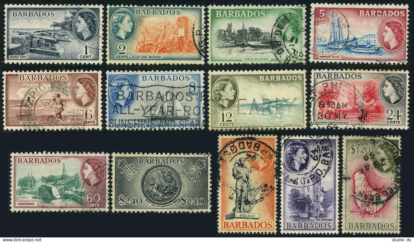 Barbados 235-247,used.Mi 203-215. QE II,1853-1957.Views,Fish,Ships,Map,Seal. - Barbades (1966-...)