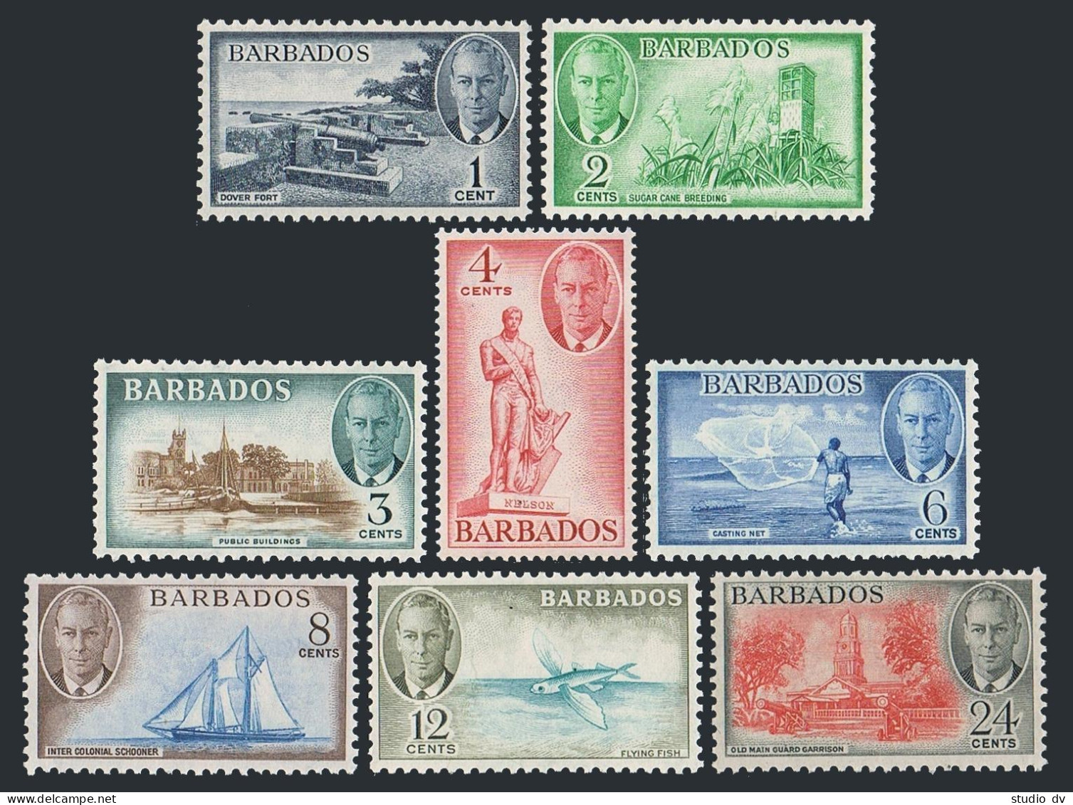 Barbados 216-223,hinge. George VI,1950.Dover Fort,Sugar Cane,Admiral Nelson,Fish - Barbados (1966-...)
