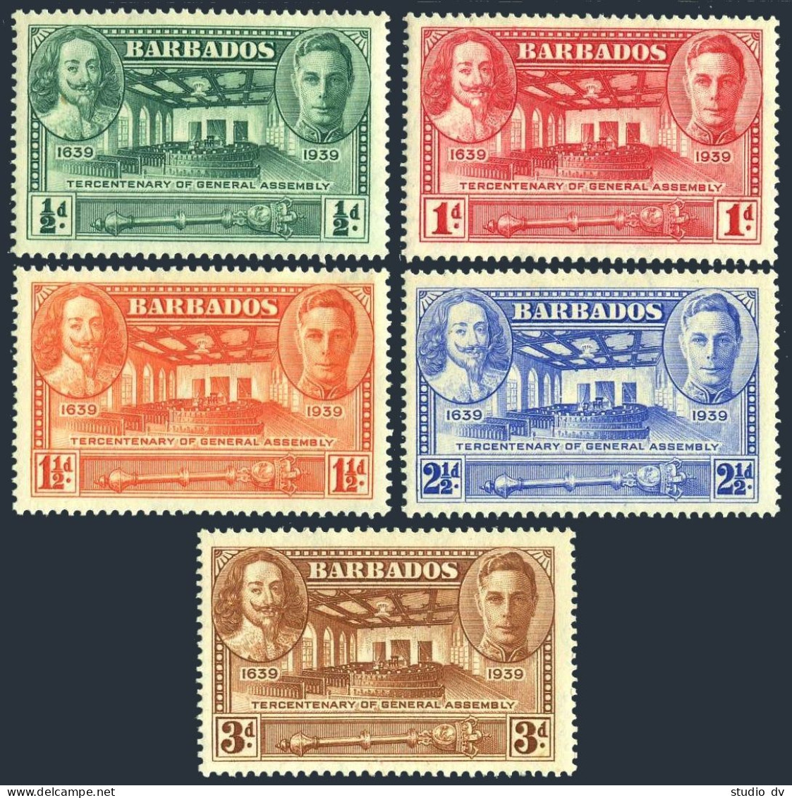 Barbados 202-206, Hinged. Michel 170-174. Tercentenary Of General Assembly,1939. - Barbades (1966-...)