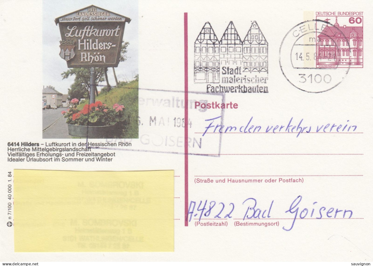 Deutschland. Bildpostkarte 6414 HILDERS - Ortsschild, Wertstempel 60 Pfg. Burgen Und Schlösser, Serie "n" - Cartes Postales Illustrées - Oblitérées