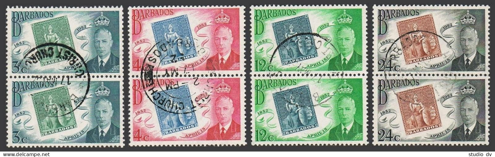 Barbados 230-233 Pairs, Used. Michel 198-201. Barbados Postage Stamps-100, 1952. - Barbades (1966-...)