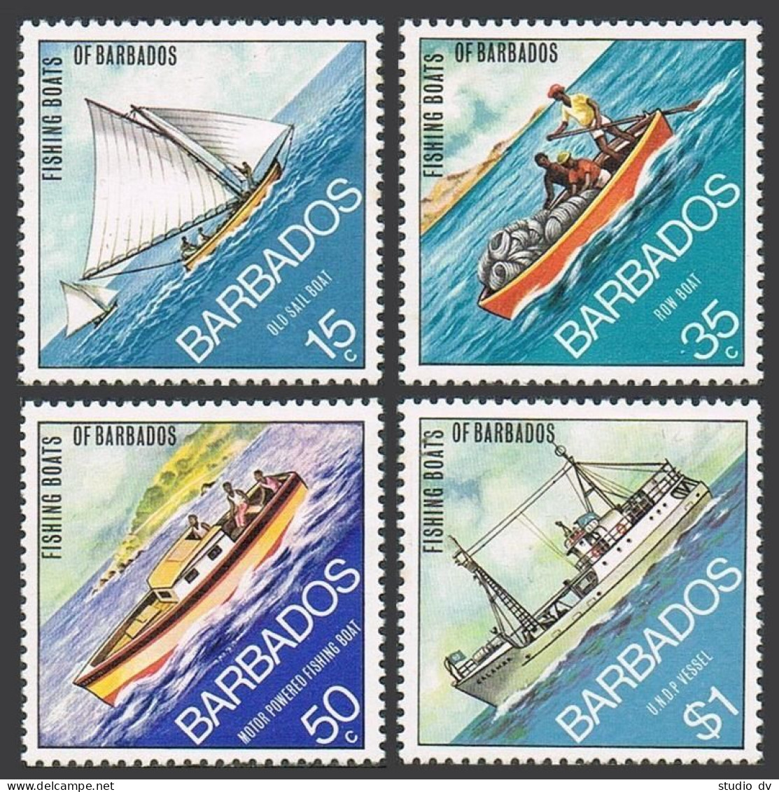 Barbados 392-395,MNH.Michel 361-364. Fishing Boats 1974.Old Sailboat,Ro-boat, - Barbades (1966-...)