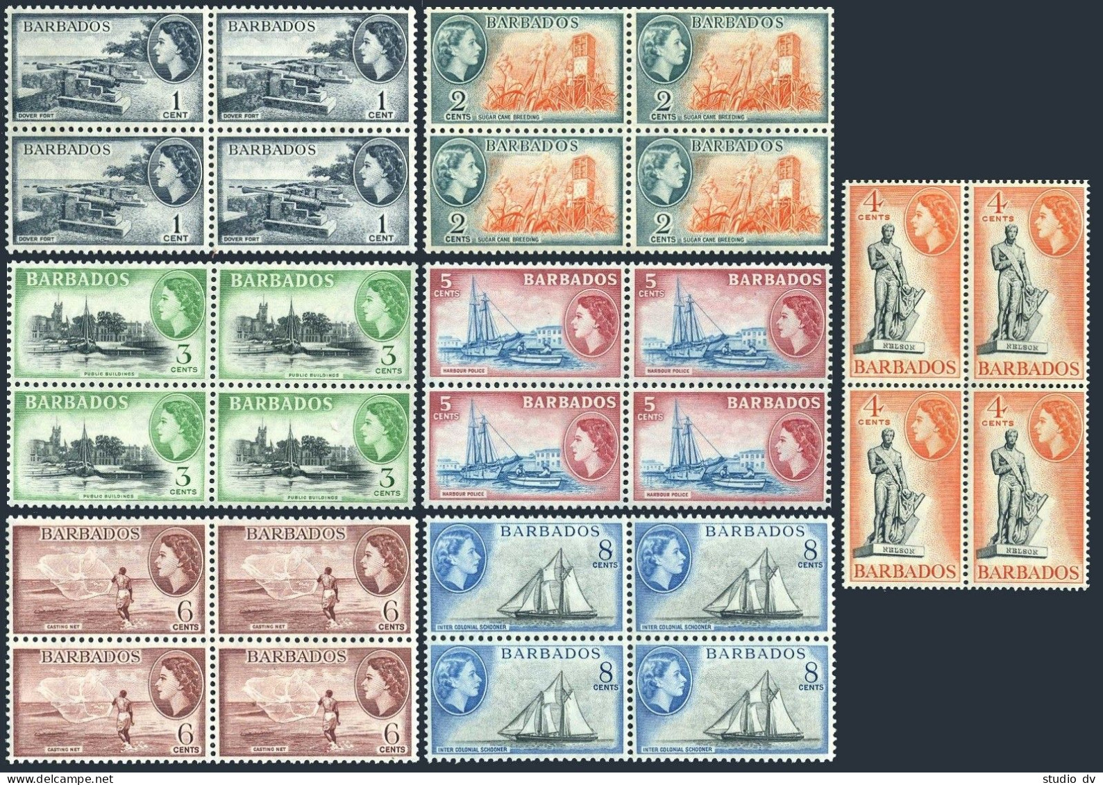 Barbados 235-241,MNH.Michel 203-209.QE II,1953.Dover Fort,Sugar Cane,Nelson,Ship - Barbades (1966-...)