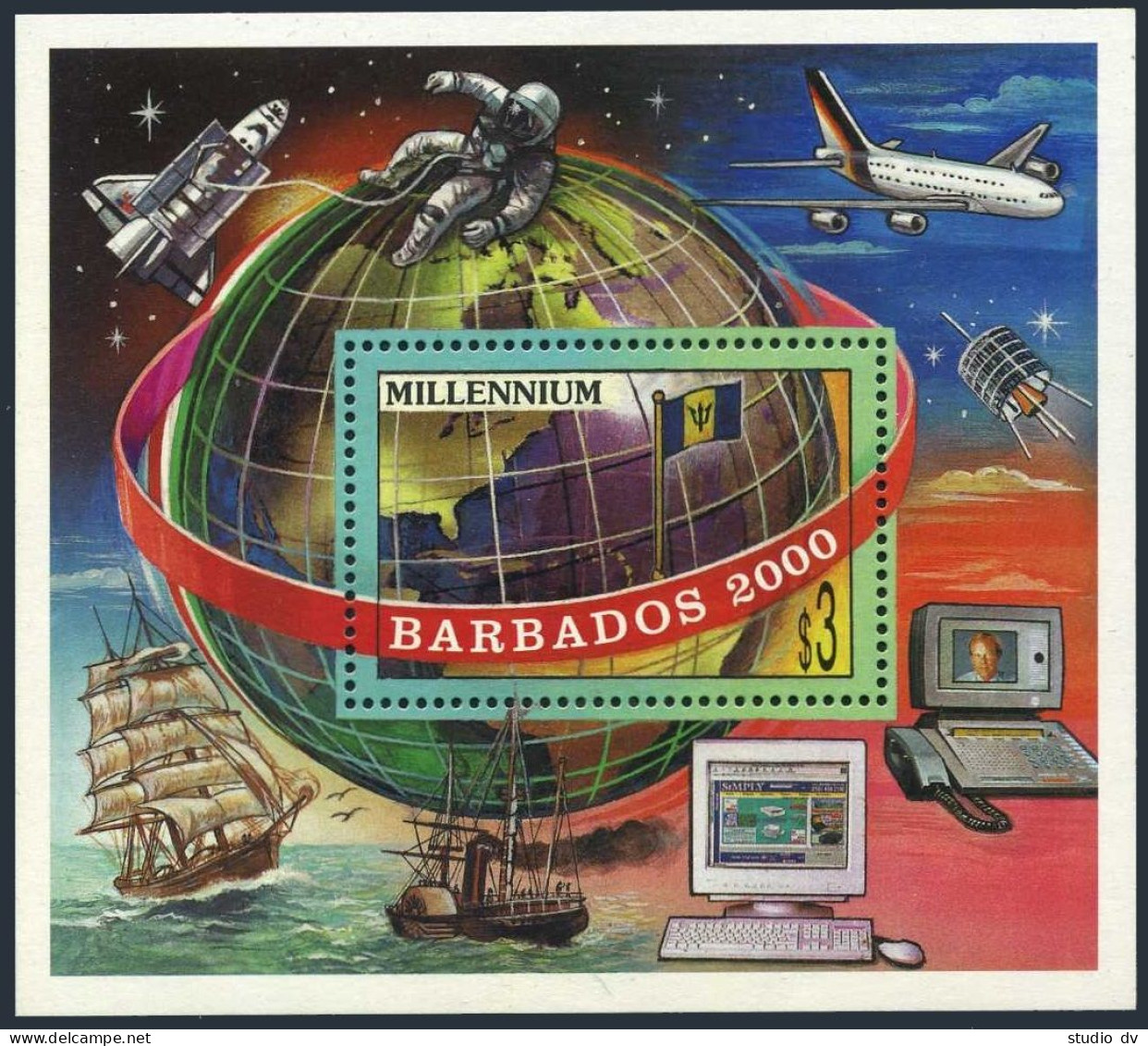 Barbados 977 Sheet,MNH.Michel 970. Millennium,2000.Transportation,Space. - Barbades (1966-...)