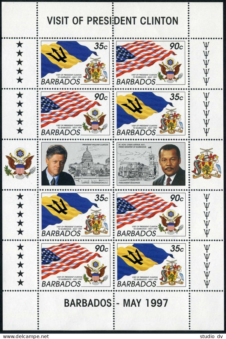 Barbados 935a Sheet,MNH. Visit Of President Clinton To Barbados,1995.Flags,Arms. - Barbades (1966-...)