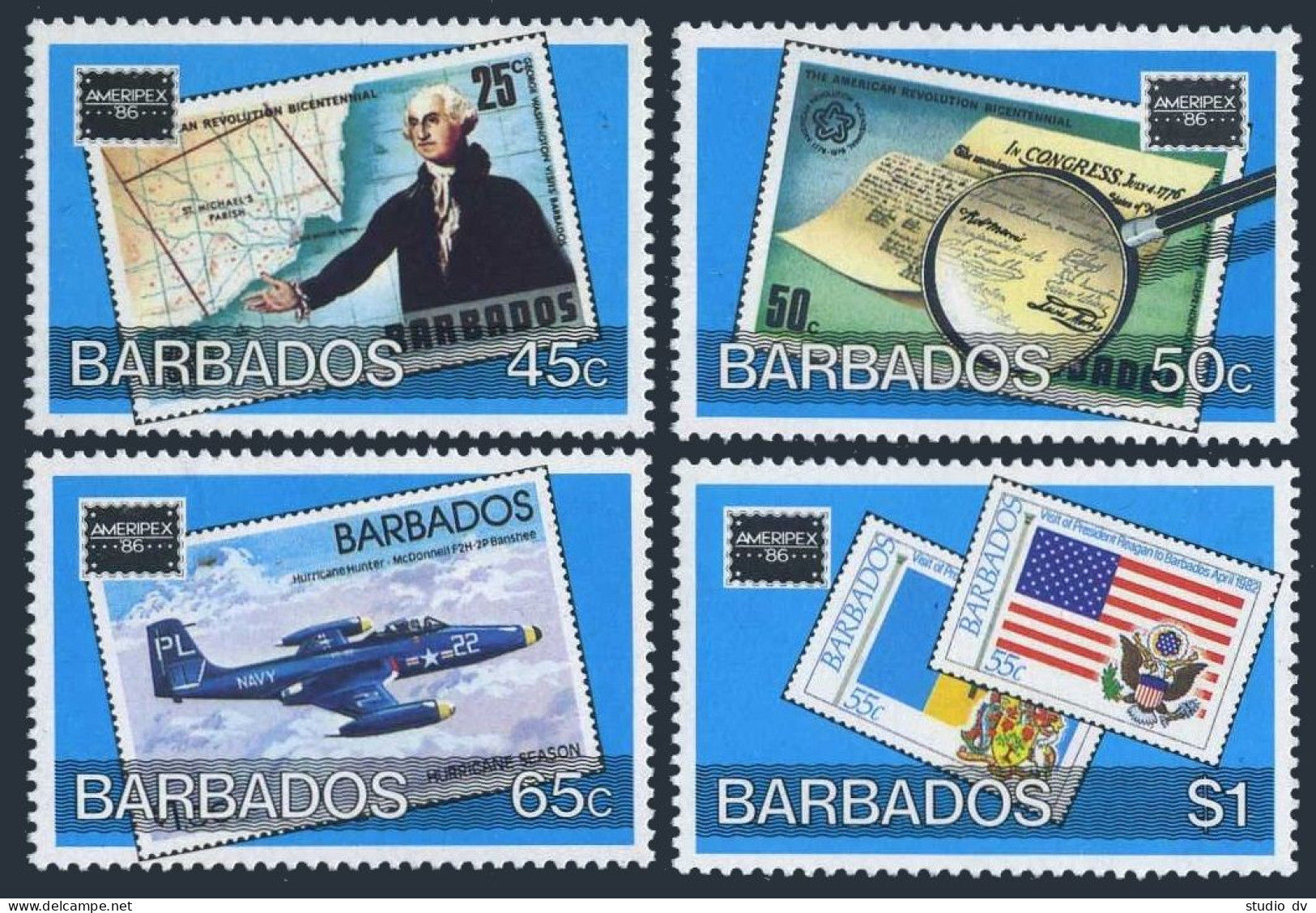Barbados 682-685,lightly Hinged. AMERIPEX-1986,Map,Plane,Ship,Statue Of Liberty. - Barbades (1966-...)