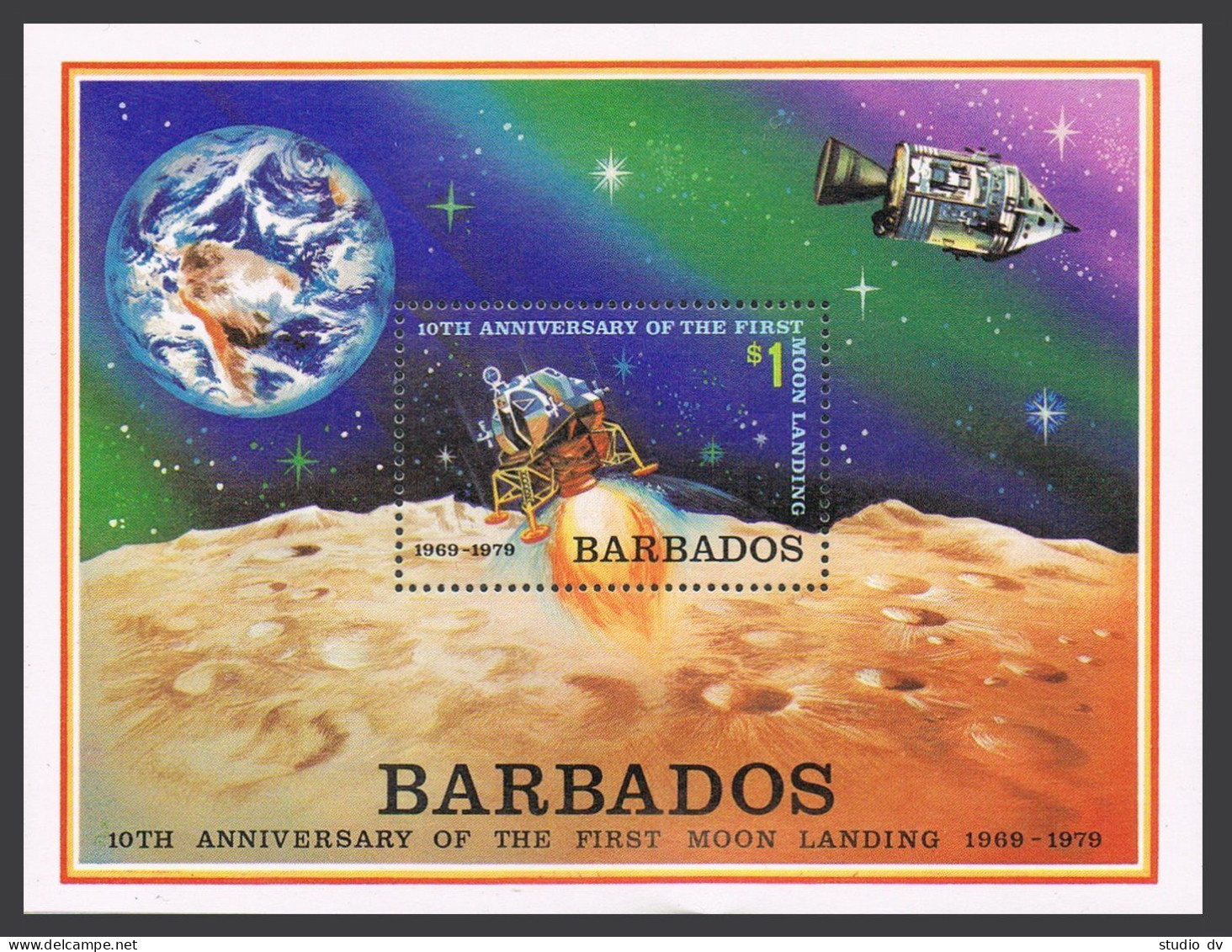 Barbados 518, MNH. Mi Bl.13. Moon Landing, 10th Ann. 1979. Lunar Landing Module. - Barbades (1966-...)