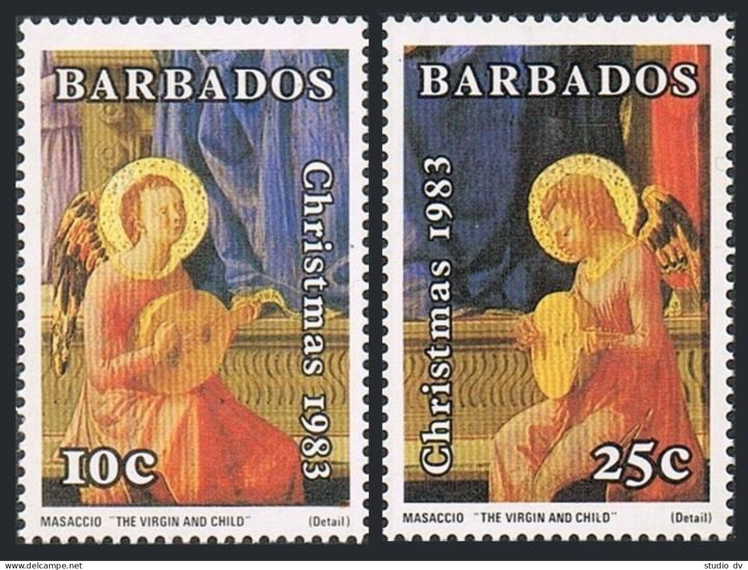 Barbados 617-618, 619, MNH.Mi 597-598,Bl.16. Christmas 1983. Angel, By Masaccio. - Barbades (1966-...)